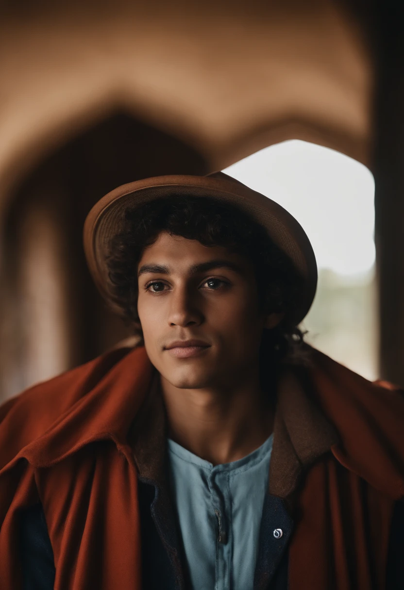 Crie um avatar de um rapaz jovem da cintura para cima, ele usa uma camisa branca com uma palavra escrita em laranja: "Story Teller"(a palavra "Story" fica em cima e "Teller" logo abaixo da palavra "Story"), He also wears a coat where one half is blue and the other red, (The coat is open revealing the writing "Story Teller"), Your hands are inside your pocket, He is wearing a straw hat identical to Luffy's that creates a shadow that covers his eyes, mas revela um sorriso pequeno
