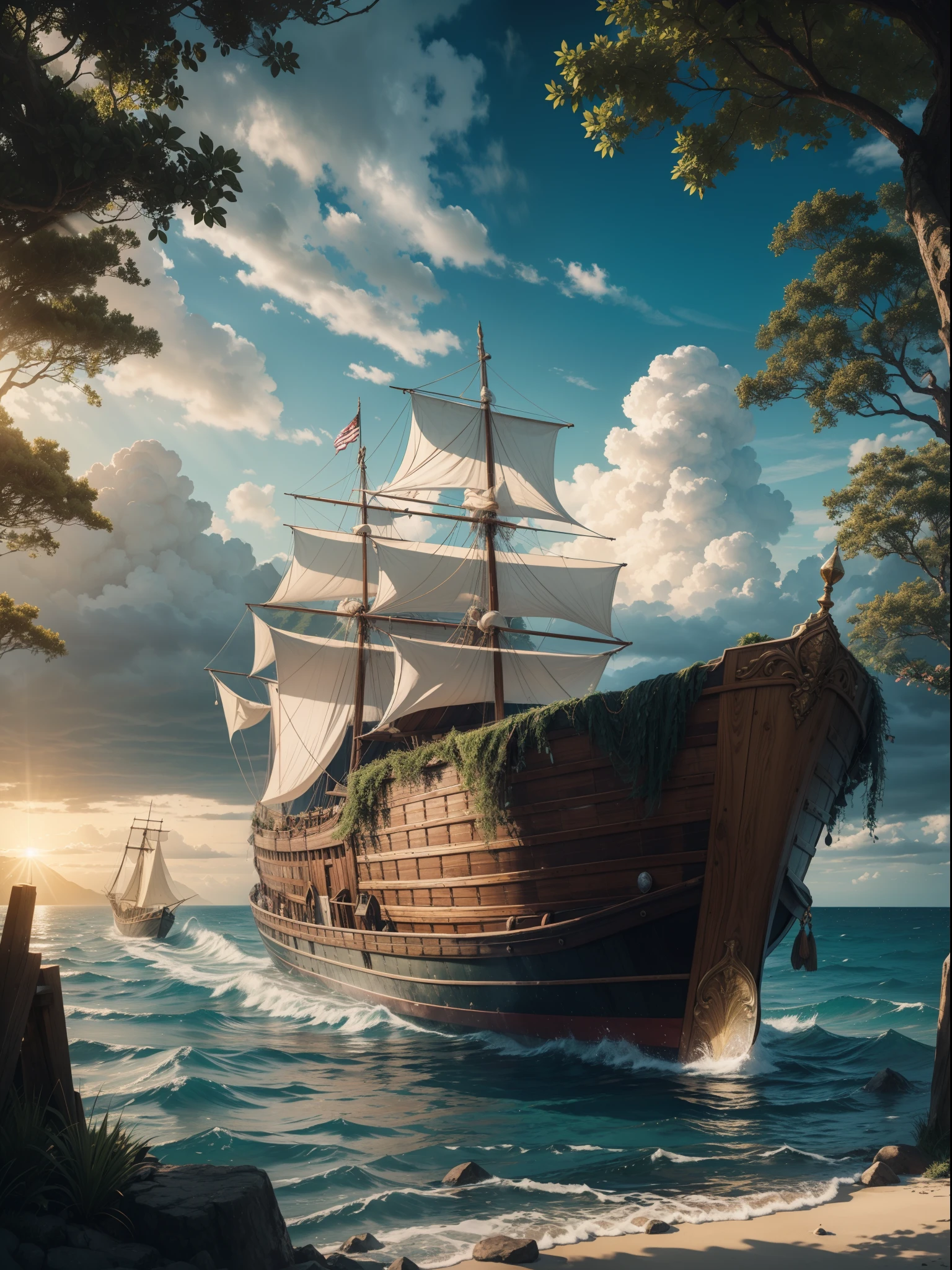 Noah's ark survival,best quality,4k,8k,highres,masterpiece:1.2,ultra-detailed,realistic,photorealistic:1.37,illustration,animals,wooden materials,provisions,caretaking,crystal-clear water,sunlight peeking through clouds,peaceful atmosphere,vibrant colors,cloud-covered sky, serene ocean,sparkling waves,massive floating vessel, breathtaking landscape,harmony of nature,lush green foliage,protective shelter,faith and hope,ark on the horizon