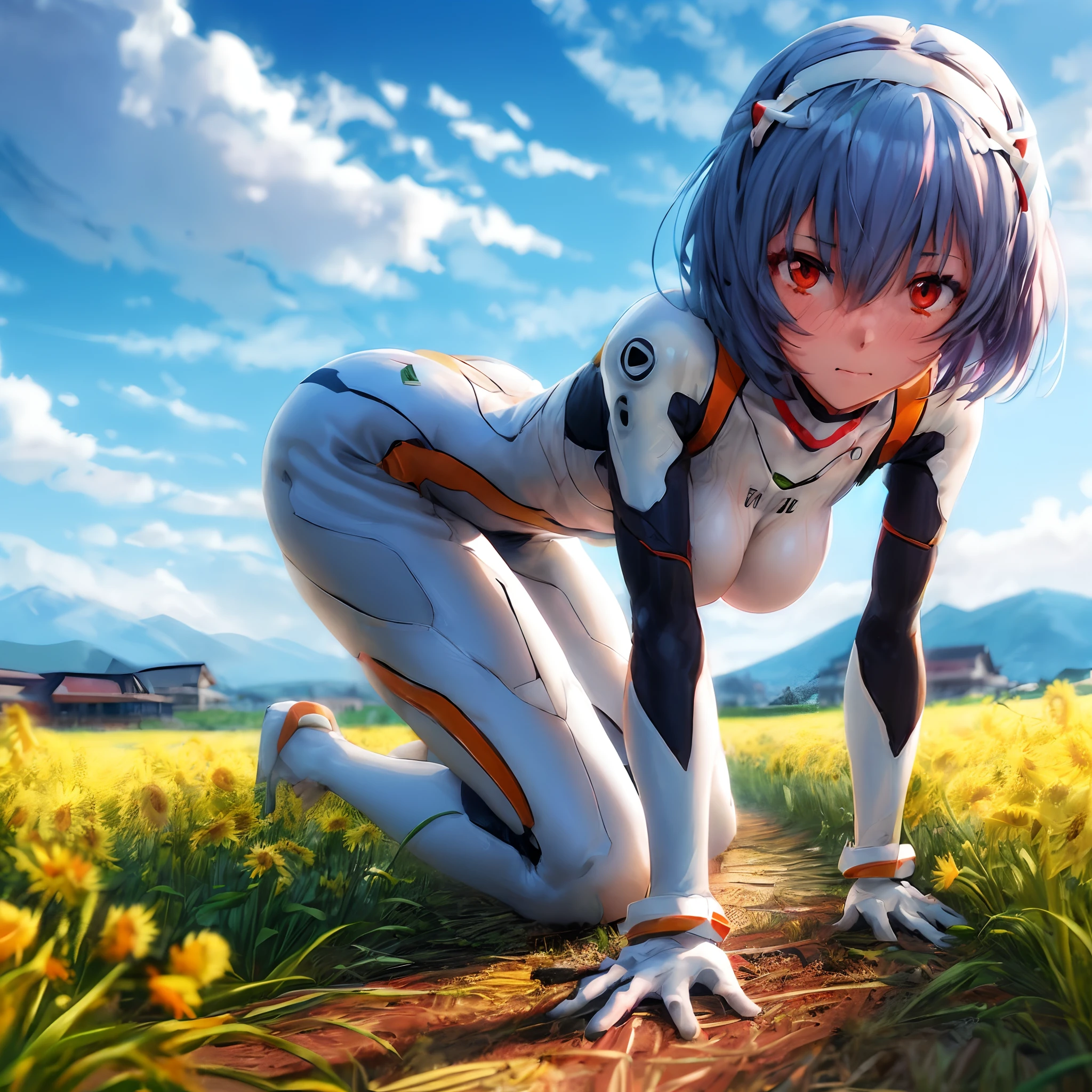 (hyper extreme detailed),(masterpeace),(hyper extreme),(photorealistic),CG,(colour:1.2), beautiful lighting,light from the front,a higly detailed anime focus ofdandelion, day, dress, field, fireworks, flower, flower_field, hair_between_eyes, hat, hat_flower, hauchiwa, light_blush, looking_at_viewer, mountain, mountainous_horizon, outdoors, petals, red_eyes, red_sash, short_hair, sky, sleeveless_dress, solo, straw_hat, summer, sun, sun_hat, sundress, sunflower, sunset, white_dress, yellow_flower, yellow_sky, long exposure,detailed vehicle,detailed background,ayanamirei, plugsuit, interface headset,(large breast),cleavage,bursting breast,thicc thighs,thicc,giant,giantess,,skindentation,skintight,nsfw,erotic,sexy,