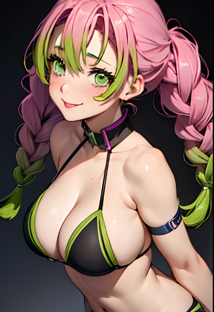 (Smile), The bikini, Gradient Hair, (Green eyes:1.5), Green hair, Mole under the eyes, multicolored hair, Pink hair, Twin braids, Two-tone hair,, large full breasts,sticking out the tongue, Ahegao, Showing the side