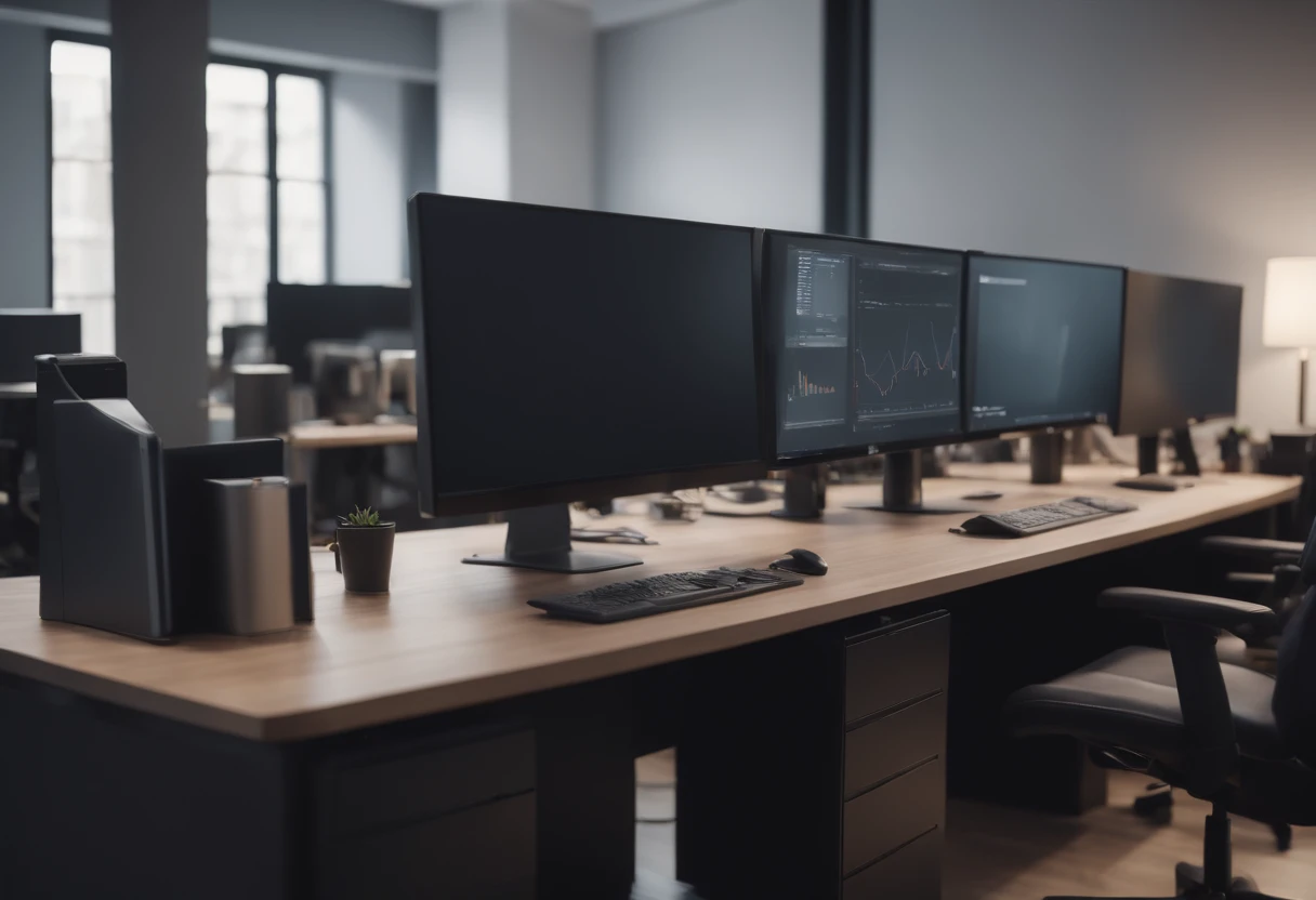 front of a small office with computers on desks and a group of people working, ultra realista, 4k