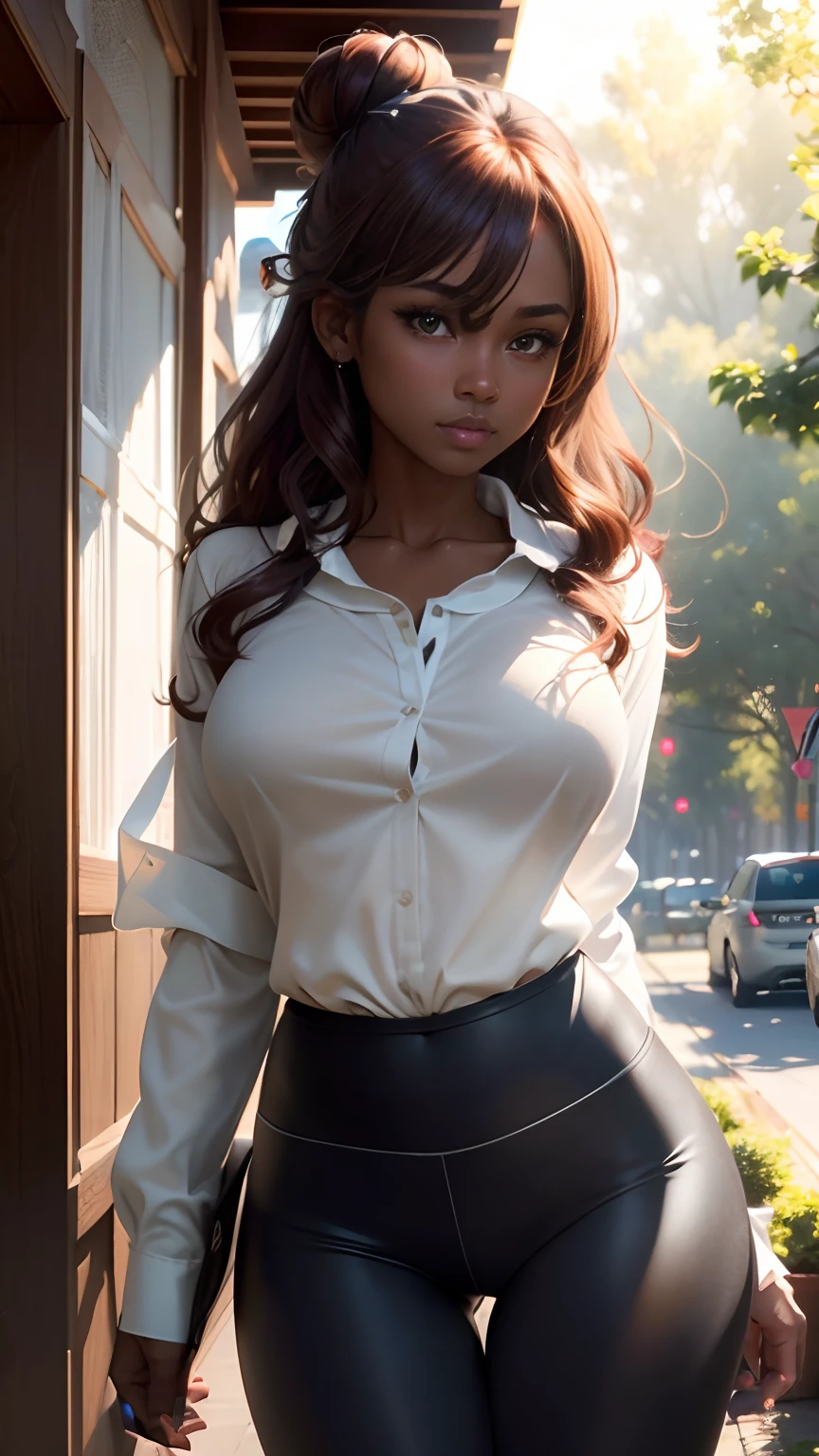 1girl, masterpiece, high resolution, extreme detail, nvidia rtx, 8k, hdr, beautiful 20 year old with dark skin, dark skin, auburn hair , wavy hair, cheeks blushing, very dark lipstick, sweater, ((blouse:1.5)), ((unbuttoned:1.5)), bra, scarf, ((leggings:1.2)), large breasts, hair in large bun, outdoors, college campus, sunlight, sunbeams, volumetric lighting, subsurface scattering, 3/4 long shot, cowboy shot, shot from below, low angle shot, sexy pose, seductive pose, bending over