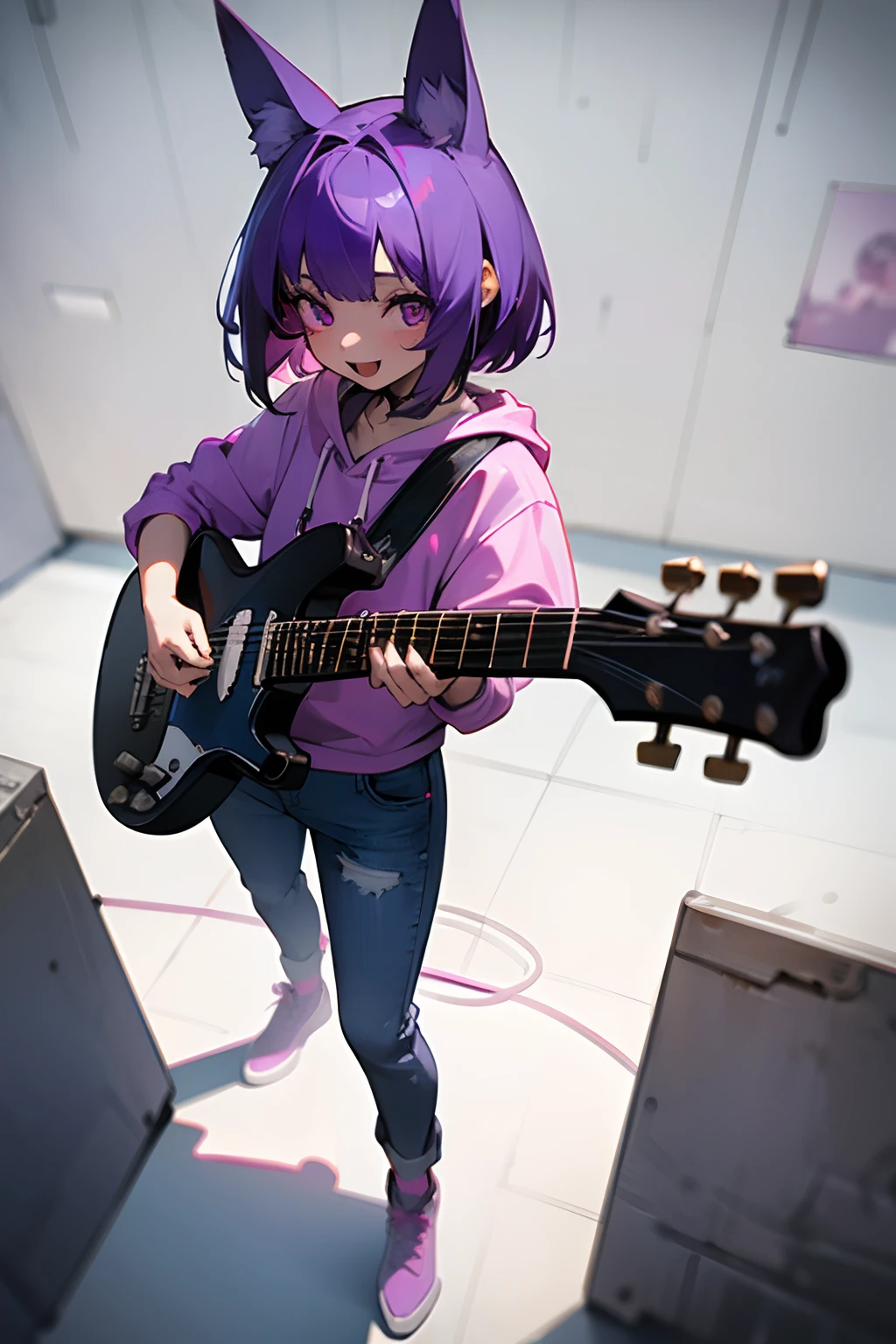 ((Masterpiece)), (High Definition:1.3), (Professional Photography:1.2), 8K, from above, Realistic, Beautiful photo, Cute teenage Beautiful Girl, Slender body, Textured skin, cinematic lighting,(messy medium bob, purple color hair)、put on Black rabbit ears、Pretty oversized pink hoodie、bloody, Tattered short trousers of jeans fabric、(dispair Eyes)、(hold a Telecaster electric guitar, stand on Eerie and inorganic white concrete room)、very blush、Big purple eyes, big Open your mouth and crazy smile