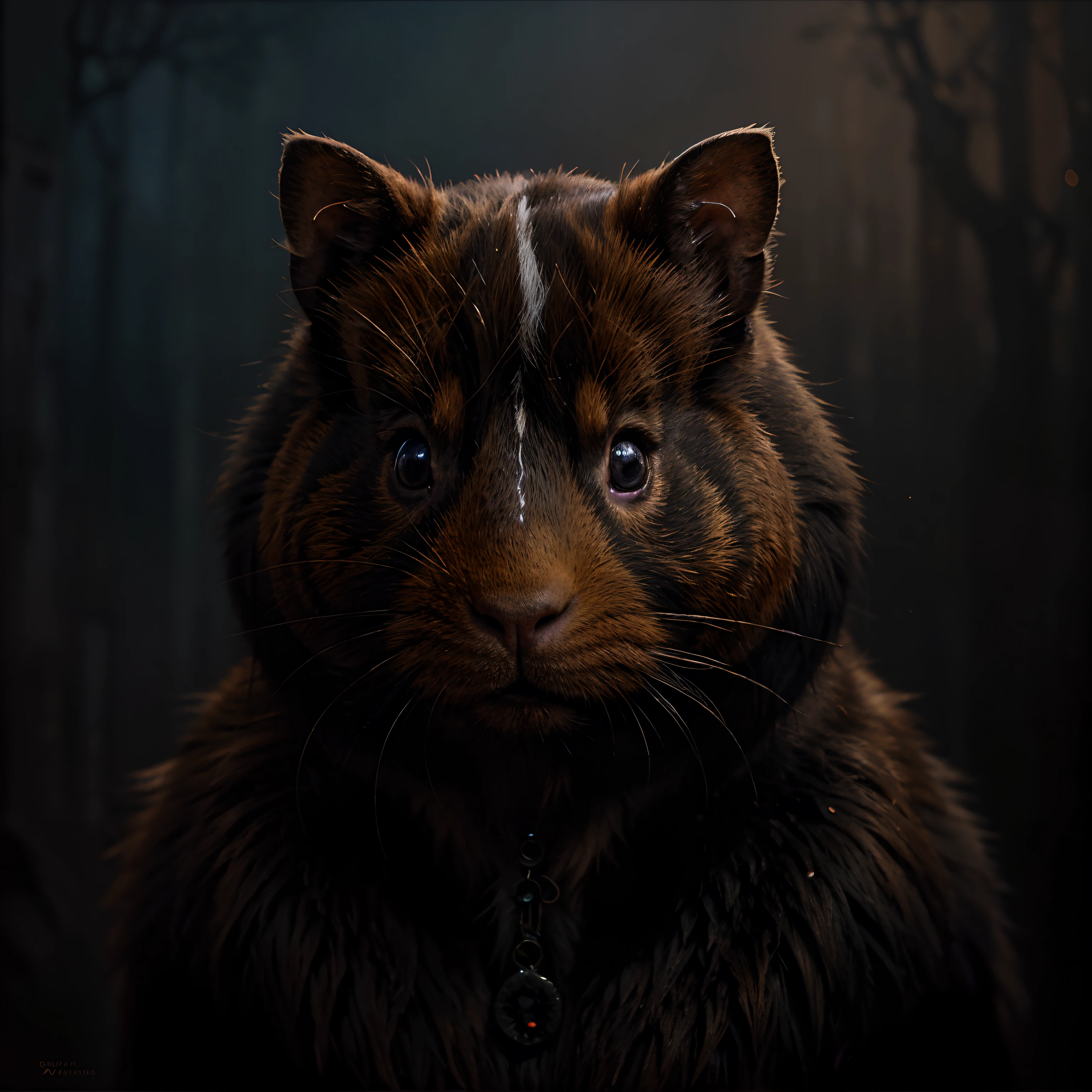 a guinea pig in Beksinski painting style,oil painting,detailed fur texture,vivid colors,dark and surreal atmosphere,mystical and eerie ambiance,meticulous brushstrokes,hauntingly beautiful,expressive eyes and pose,richly textured background,emotive and haunting,ethereal lighting,captivating and atmospheric masterpiece