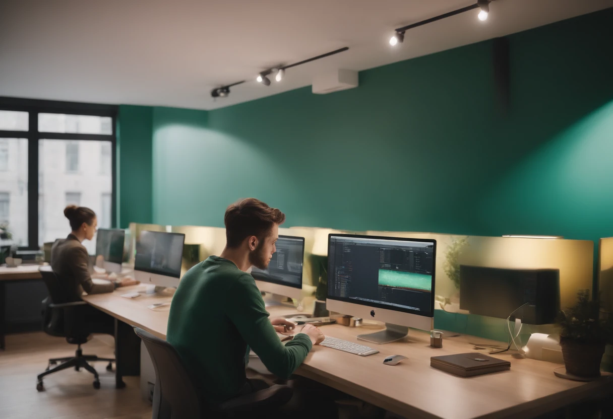 Front exterior view of a small office with computers on desks and a group of people working, Ultra-realistic aesthetics, paleta de cores vibrantes verde a amarela