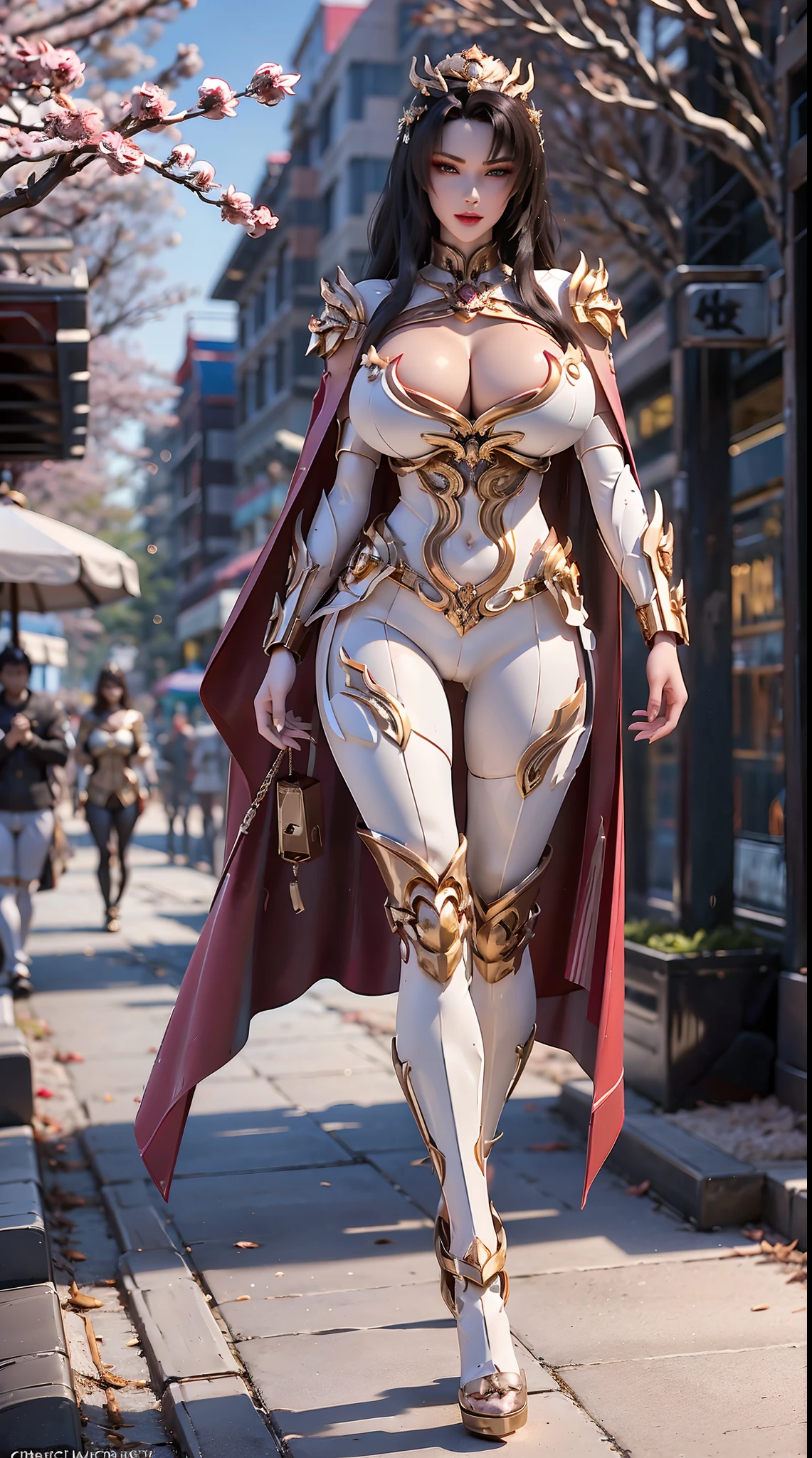 1GIRL, SOLO, (dark hair, hair gold ornament), (HUGE FAKE BOOBS:1.3), (white, red, gold, DRAGON MECHA BATTLE ARMOR, ROYAL CAPE, CLEAVAGE, SKINTIGHT YOGA PANTS, HIGH HEELS:1.2), (GLAMOROUS BODY, SEXY LONG LEGS, FULL BODY:1.5), (FROM FRONT, LOOKING AT VIEWER:1), (WALKING DOWN ON STREET CHERRY TREES:1.3), PHYSICALLY-BASED RENDERING, ULTRA HIGHT DEFINITION, 8K, 1080P.