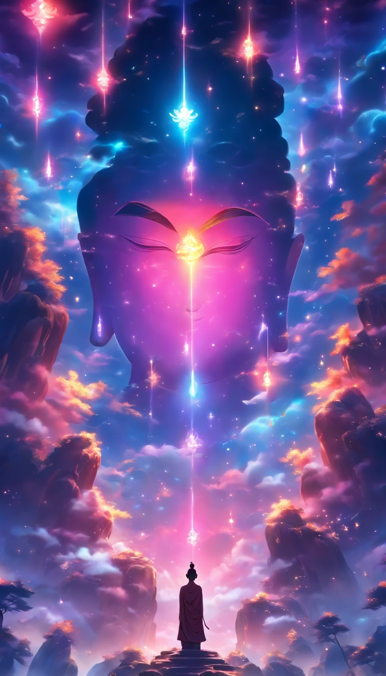China-style，In the distance, A huge tall statue of Buddha stands in the great cosmic starry sky，Olhar para a terra，Buddha statue standing，com luz brilhante，efeitos de brilho，The tiny humans on Earth look at the Buddha statues in the starry sky，Superb nebula background，Meteoros atravessam，nigh sky，hyper-realistic，Ultra foto realsisim，Real Photographs，8k，High definition，alta qulidade，Obras de mestres，super-fino，（Estilo de pintura de tinta de cor chinesa），（（（cores brancas））），Mancha，tinta，（Movie Lighting），（Efeito de Luz e Sombra），（irreal 5),（8K resolution），（master part），super-fino，alta qulidade，rendering by octane，efeitos de glitter，（（（Renderizador OC）））