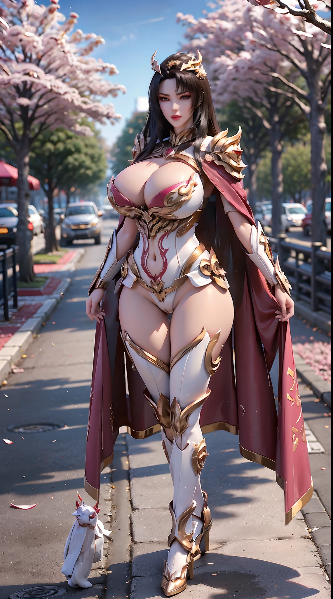 1GIRL, SOLO, (dark hair, hair gold ornament), (HUGE FAKE BOOBS:1.3), (white, red, gold, DRAGON MECHA BATTLE ARMOR, ROYAL CAPE, CLEAVAGE, SKINTIGHT YOGA PANTS, HIGH HEELS:1.2), (GLAMOROUS BODY, SEXY LONG LEGS, FULL BODY:1.5), (FROM FRONT, LOOKING AT VIEWER:1), (WALKING DOWN ON STREET CHERRY TREES:1.3), PHYSICALLY-BASED RENDERING, ULTRA HIGHT DEFINITION, 8K, 1080P.