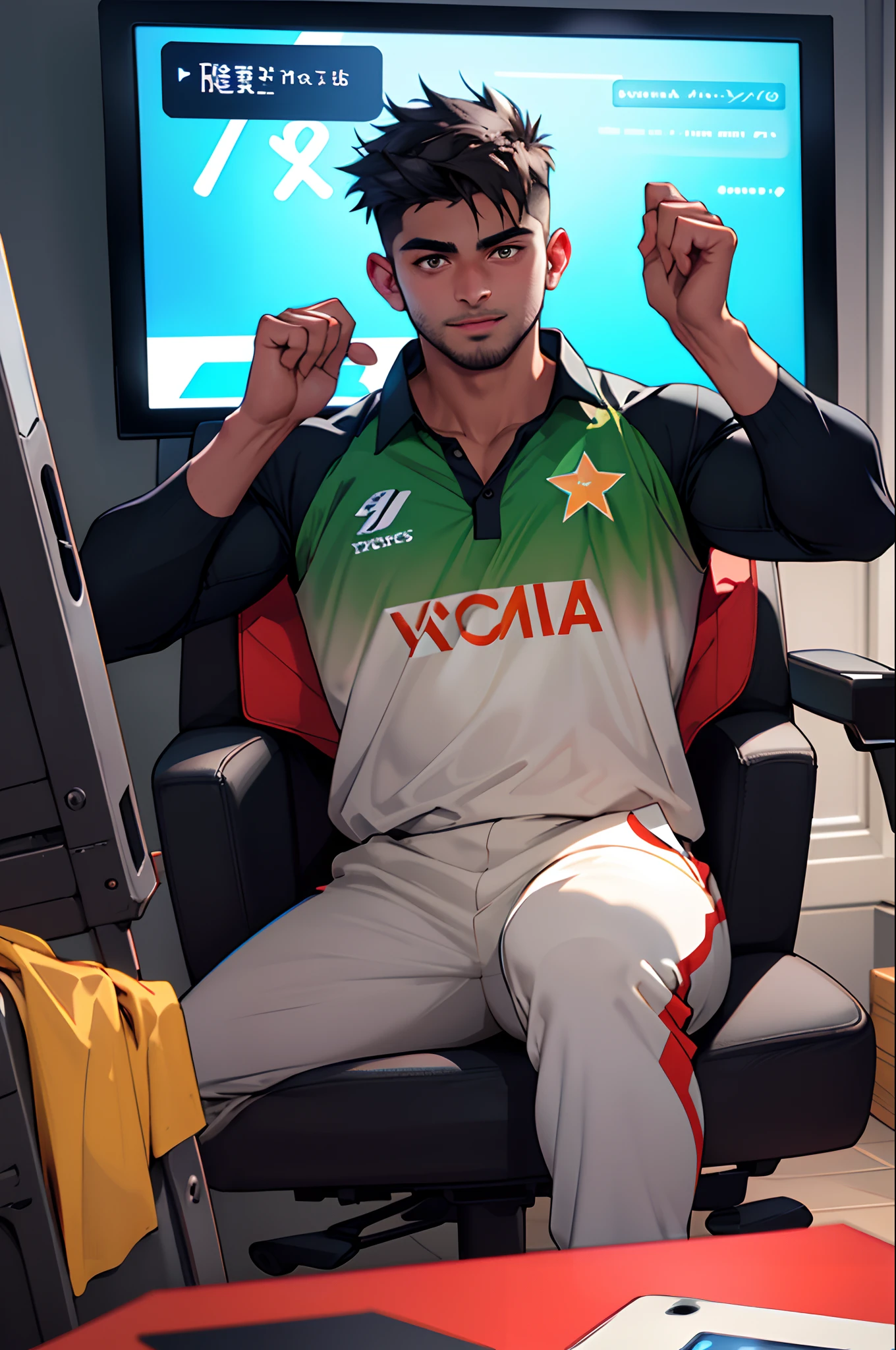 Generate an image of a person sitting in a chair, wearing a Pakistan cricket team shirt with the name "Musa" and shirt number "56," while watching TV. The TV screen displays Pakistan cricket team captain Babar Azam with winning celebration . The scene should be captured in a contemporary style, with keywords for style being "vibrant," "dynamic," and "high contrast." Use a digital camera with a wide-angle lens to capture the scene.apply post-processing techniques for "enhanced color saturation," "crisp details," and "subtle vignetting" to add depth to image