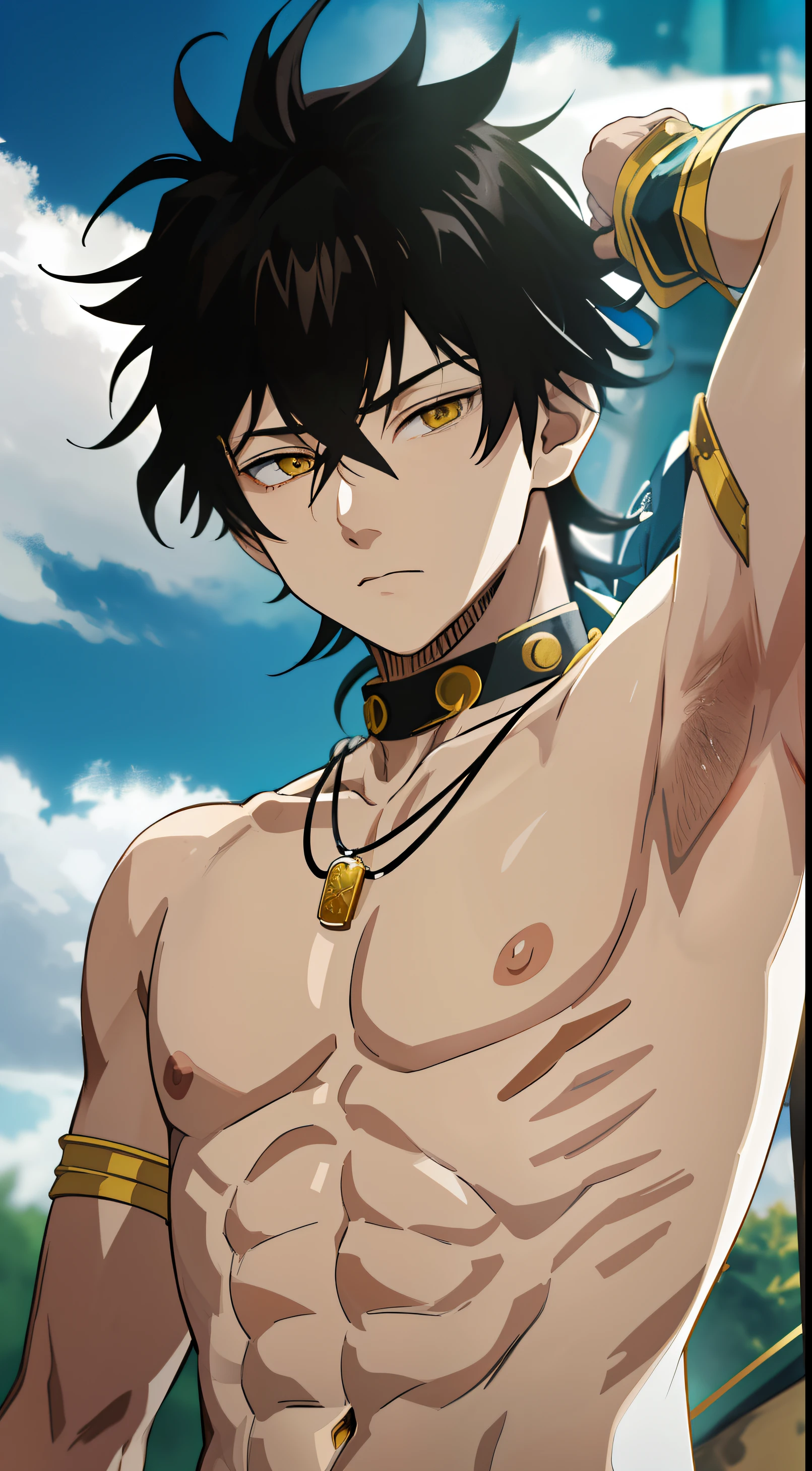 masterpiece, best quality, high quality, anime style, 1boy, boy, solo, male focus, cute face, adorable, looking at viewer, upper body, yuno, necklace, (shirtless, topless, bare chest), black hair, yellow eyes, hair between eyes, (armpit, showing his armpit:1.4)