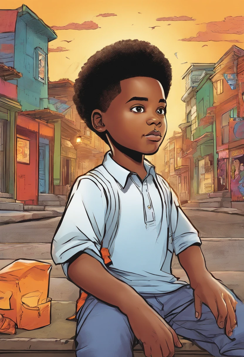 The face of a five-year-old black male child, Emphasize seriousness in the child's gaze.
