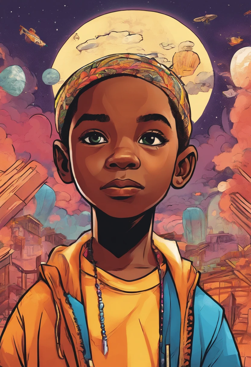 The face of a five-year-old black male child, Emphasize seriousness in the child's gaze.