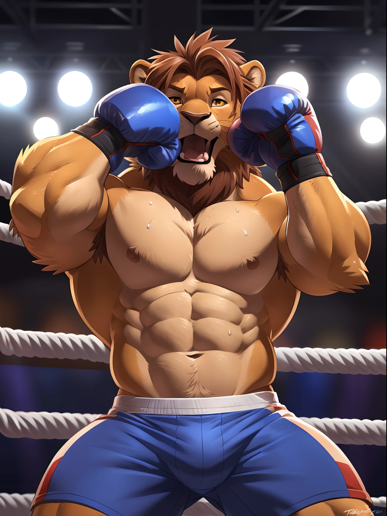 Lora:simba, (head close-up):2.2, 4k, high resolution, best quality, posted on e621, solo, anthro body, male lion, adult, masculine, slim:1.2, correct anatomy, (boxing ring background, gym background), (blurry background, out-of-focus background:1.2), (by wfa:1.0), (by takemoto arashi:1.0), (by Taran Fiddler:0.5), sexy, (cel shaded, cartoony shading:1.2), black lineart, black outline, flat coloring, (strong shadows, dark shadows:1.2), (blue shorts (bulge:0.6), topless, boxing gloves), sexy shadows, lion tail, slim posture, open mouth, sticking out tongue, open:1 eyes, detailed eyes, tilted head, exhausted, wet sweat:1.2, fallen, (lies on back):1.8, lies on ropes, spreaded legs, spreaded arms