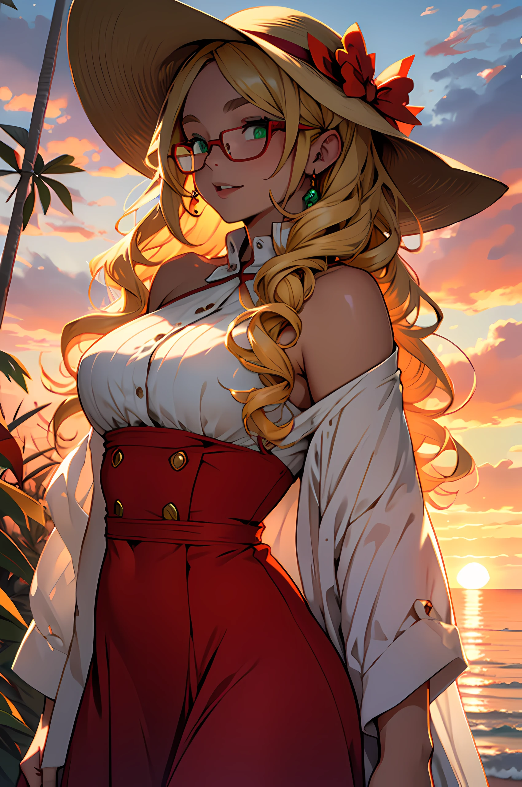 Chubby, Girl, Curly hair, blond hair, Shoulder-length hair, Red dress, sunset, Glasses, Green eyes, Sun hat, Long Dress, Autumn, , 8k, super Detail,