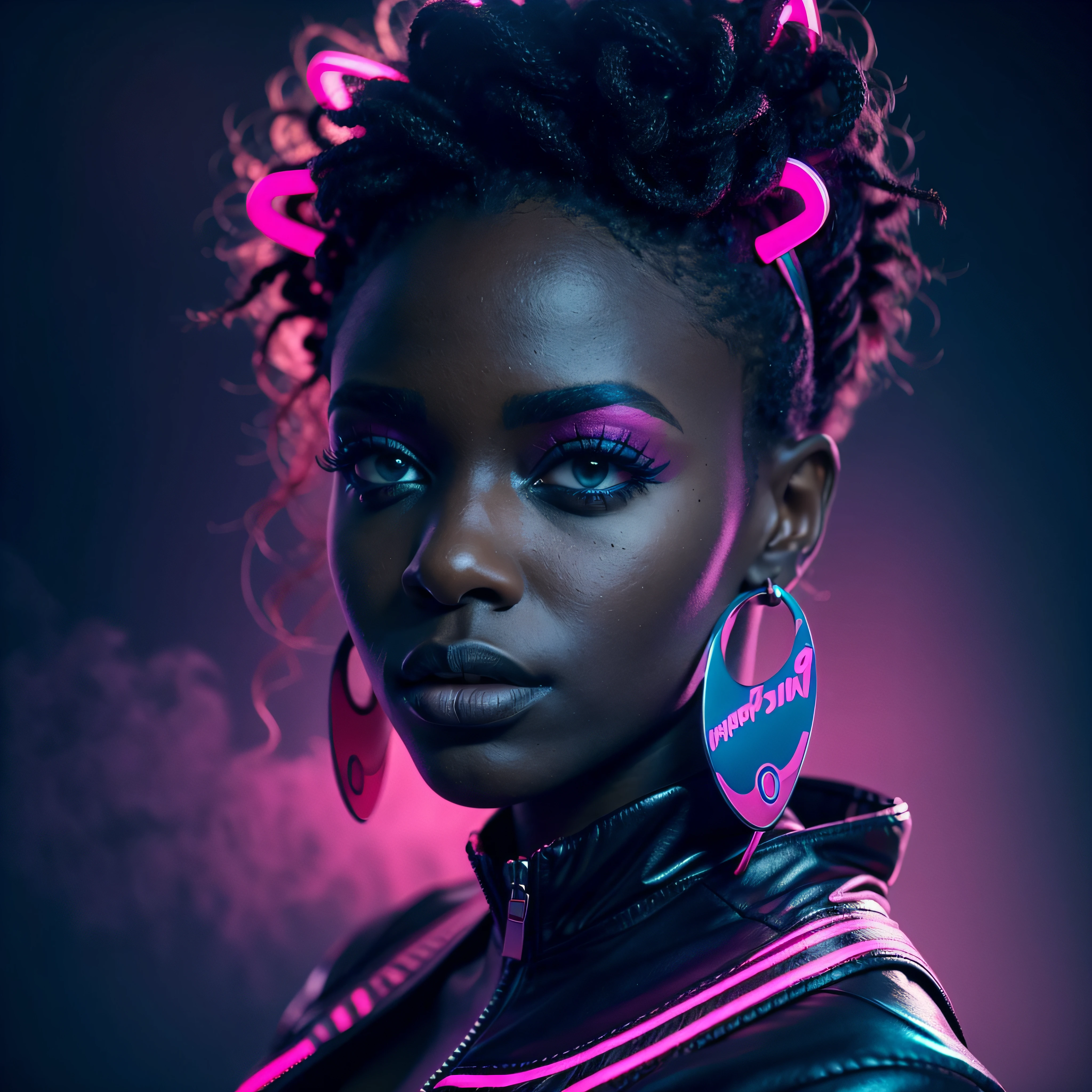 A beautiful black african woman in soft blue neon lighting, with a stern look, set against a vivid pink backdrop, surrounded by a mysterious foggy atmosphere