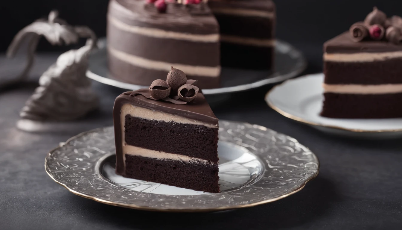 The image captures a close-up of a freshly sliced piece of the "Bolo de Chocolate Supremo." The cake is the centerpiece, and its rich, velvety texture is evident. The chocolate ganache on top glistens under the soft, natural light, accentuating its indulgent allure. The slice is garnished with a delicate dusting of cocoa powder, adding a touch of elegance. The background is slightly blurred, keeping the focus on the cake, and a fine porcelain plate provides a subtle contrast to the chocolate's deep hue. The camera, a Nikon D850 with a 50mm prime lens, was set to capture a shallow depth of field, highlighting the cake while allowing the background to gently fade into bokeh. The overall composition is centered, emphasizing the cake's beauty, and the image boasts high resolution and vivid colors that make your mouth water.