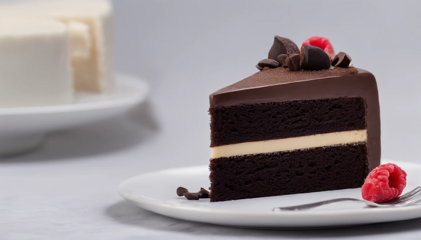 The image captures a close-up of a freshly sliced piece of the "Bolo de Chocolate Supremo." The cake is the centerpiece, and its rich, velvety texture is evident. The chocolate ganache on top glistens under the soft, natural light, accentuating its indulgent allure. The slice is garnished with a delicate dusting of cocoa powder, adding a touch of elegance. The background is slightly blurred, keeping the focus on the cake, and a fine porcelain plate provides a subtle contrast to the chocolate's deep hue. The camera, a Nikon D850 with a 50mm prime lens, was set to capture a shallow depth of field, highlighting the cake while allowing the background to gently fade into bokeh. The overall composition is centered, emphasizing the cake's beauty, and the image boasts high resolution and vivid colors that make your mouth water.