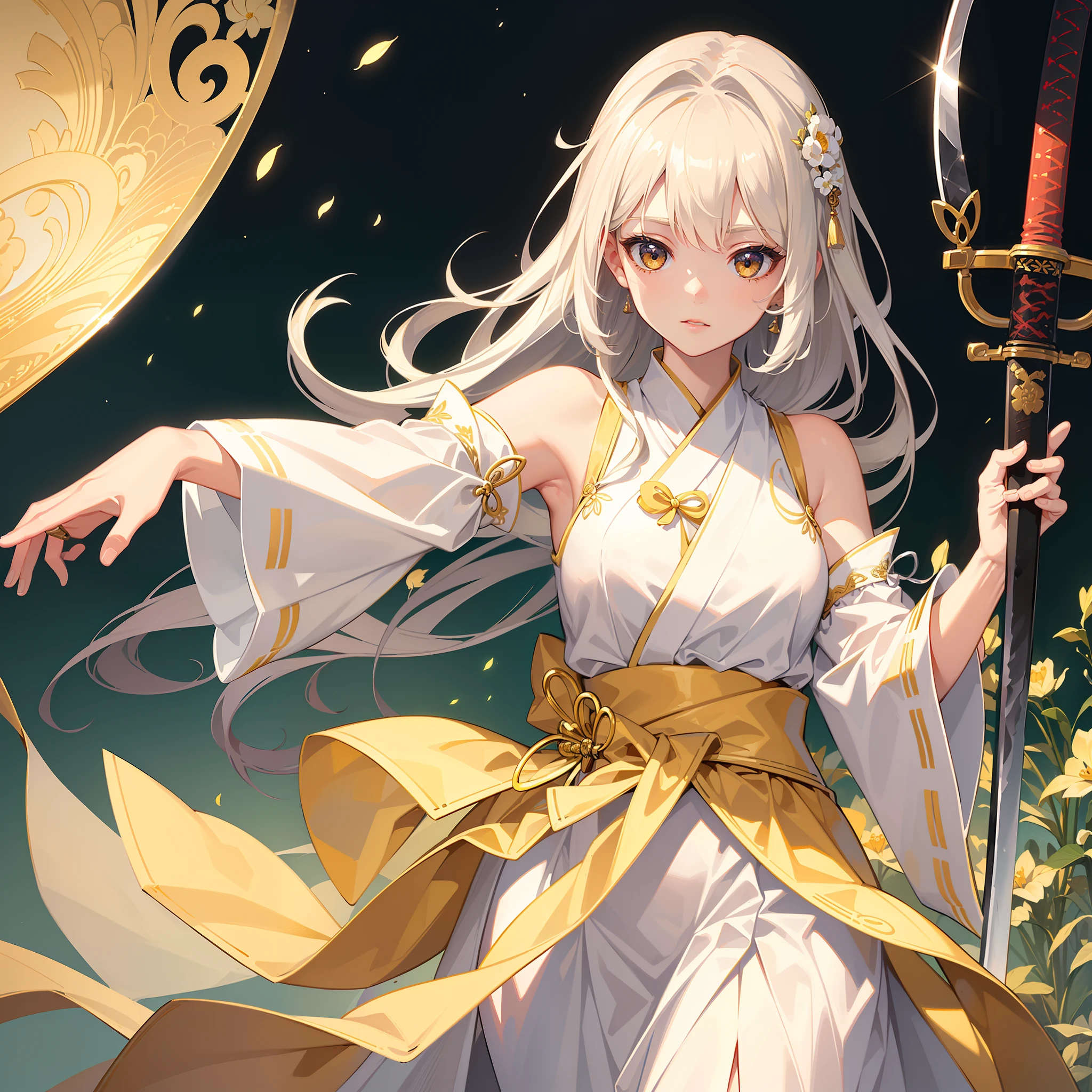 ((Best quality)), ((Masterpiece)), ((Ultra-detailed)), (illustration), (Detailed light), (An extremely delicate and beautiful), Dry yellow miko cloth,short skirt,White knee-length socks,((hold a big katana in her hand)),Pull the knife,(wavy white long hair),White color hair,cropped shoulders