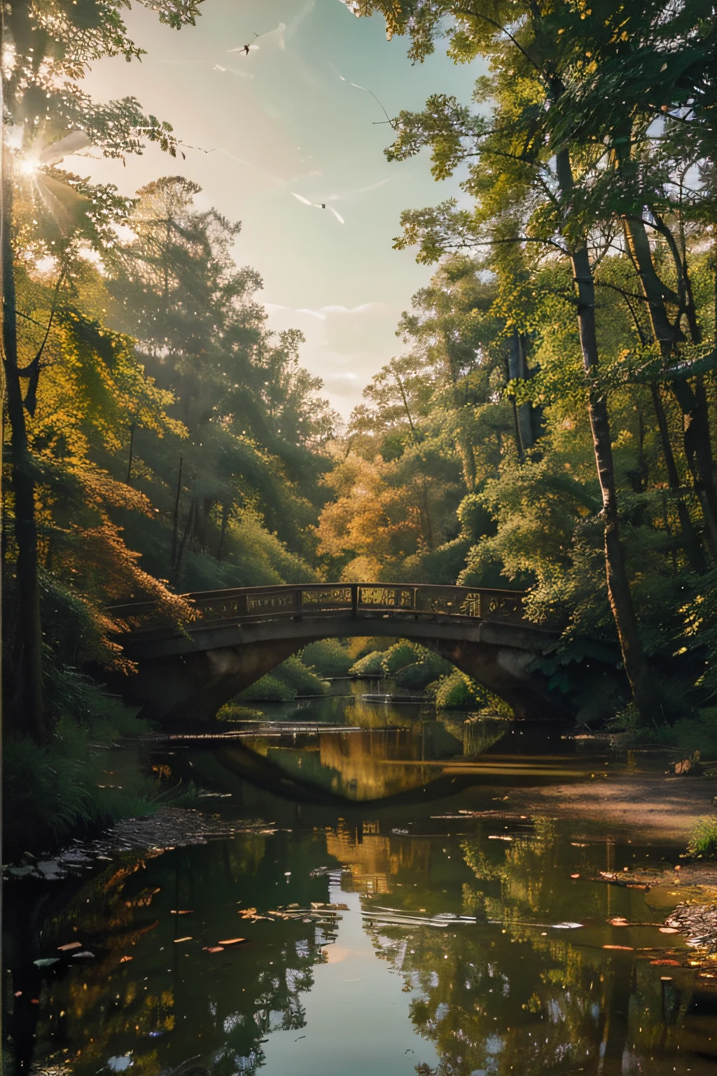 (best quality,realistic,photorealistic:1.37),(oil painting),forest bridge, sunset scene ,serene atmosphere, peaceful mood, sunlight filtering through trees, bridge detail ,forest details ,bridge reflection on the river below, water reflection, birds flying above, dark green forest, clear crystal waters, landscape of a forest during sunset, orange red and yellow hues, silhouettes of birds