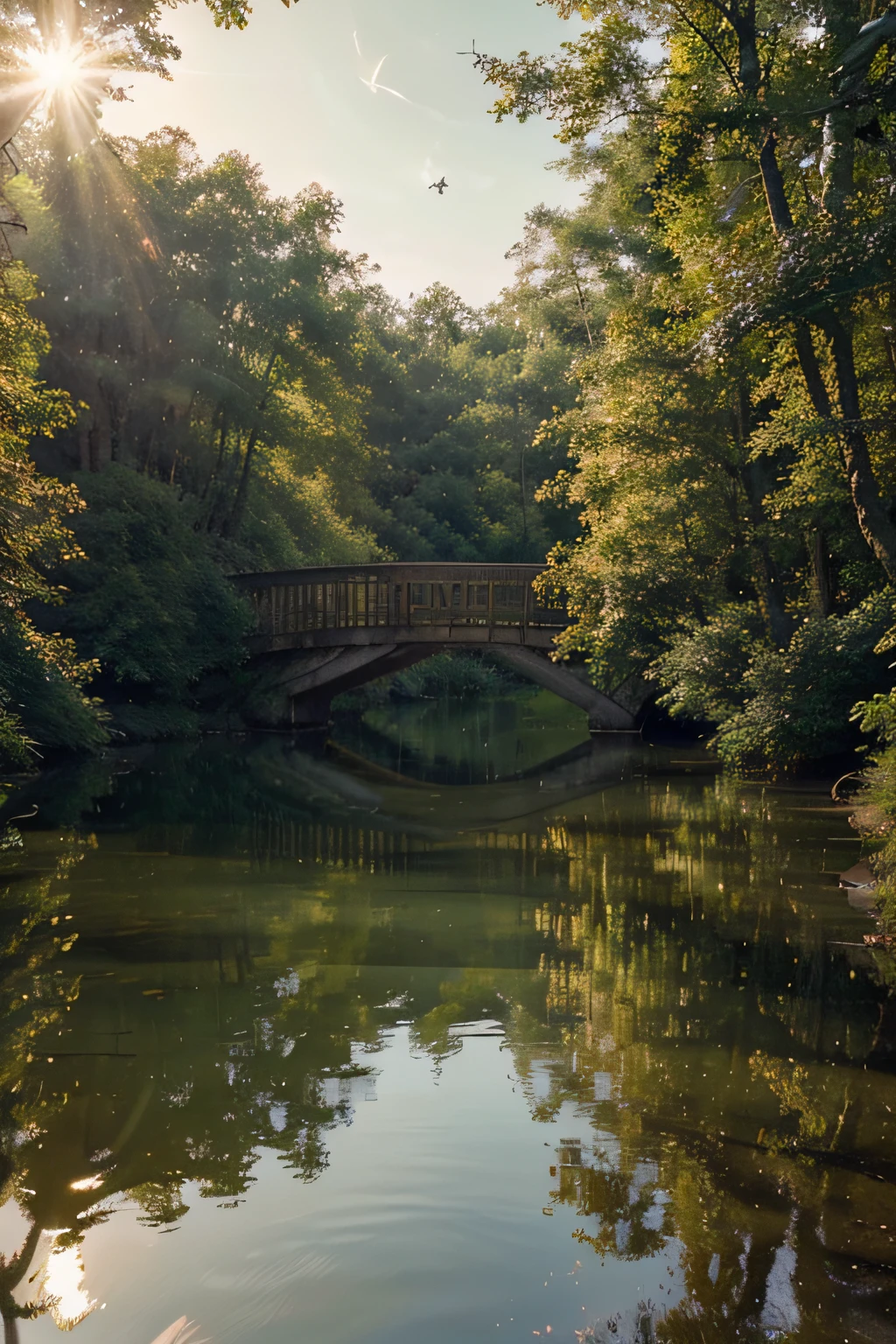 (best quality,realistic,photorealistic:1.37),(oil painting),forest bridge, sunset scene ,serene atmosphere, peaceful mood, sunlight filtering through trees, bridge detail ,forest details ,bridge reflection on the river below, water reflection, birds flying above, dark green forest, clear crystal waters, landscape of a forest during sunset, orange red and yellow hues, silhouettes of birds