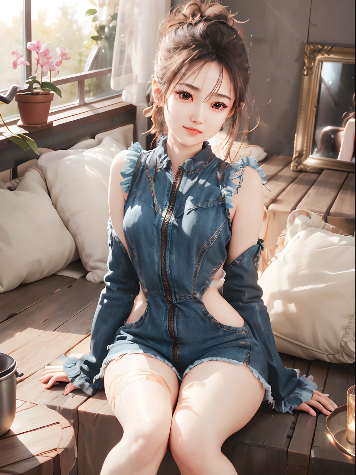 Innocent 19 year old girl、(In pajamas)、Sitting in a room、ssmile、raw photograph, (8K、topquality、tmasterpiece:1.2)、(delicate detail:1.4)、(photorealestic:1.4)、Octane rendering、complex 3D rendering, Extreme detailing, studio soft light (studio soft light) (studio soft light (studio soft light)), rim light, Vivid details, superdetail, realistic skin textures, detaled face, beautiful detail eyes, Высокодетализированные обои CG Unity 16k, Makeup-, (Detailed background:1.2), sparkly skin、Turned、exposed thighs!!!、