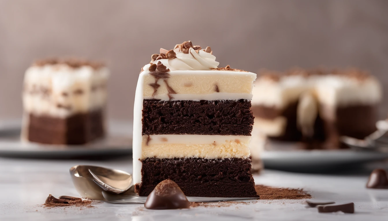 The image captures a close-up of a freshly sliced piece of the "Bolo de Chocolate Supremo." The cake is the centerpiece, e sua rica, Velvety texture is evident. A ganache de chocolate por cima brilha sob o macio, luz natural, accentuating your indulgent allure. The slice is decorated with a delicate cocoa powder, adding a touch of elegance. The background is slightly blurry, mantendo o foco no bolo, e um prato de porcelana fina fornece um contraste sutil com a tonalidade profunda do chocolate. The camera, uma Nikon D850 com uma lente principal de 50mm, foi ajustado para capturar uma profundidade de campo rasa, Enhancing the cake while allowing the background to fade smoothly into bokeh. The overall composition is centralized, enfatizando a beleza do bolo, And the image has high resolution and vivid colors that make your mouth mouth water.