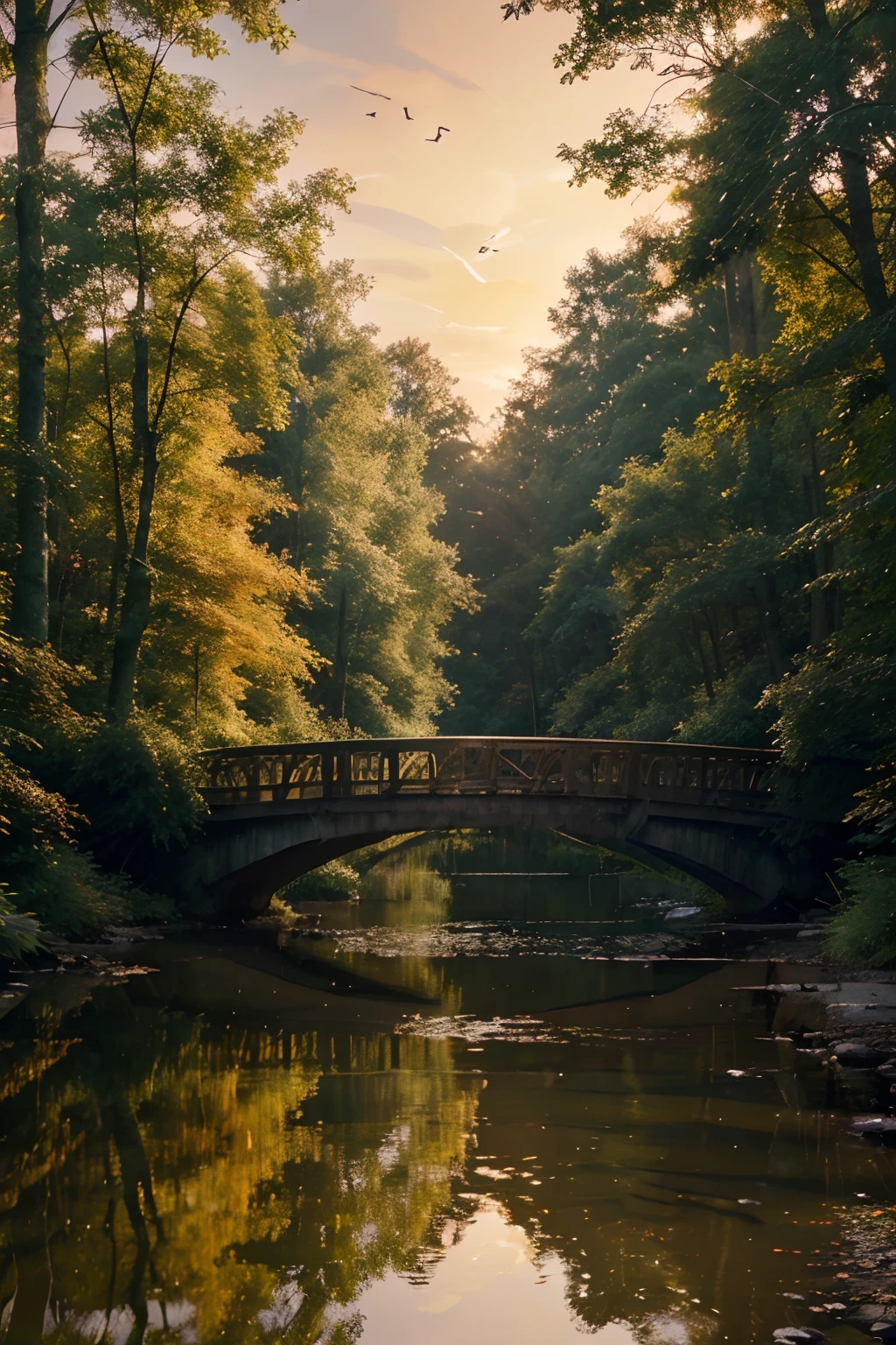 (best quality,realistic,photorealistic:1.37),(oil painting),forest bridge, sunset scene ,serene atmosphere, peaceful mood, sunlight filtering through trees, bridge detail ,forest details ,bridge reflection on the river below, water reflection, birds flying above, dark green forest, clear crystal waters, landscape of a forest during sunset, orange red and yellow hues, silhouettes of birds