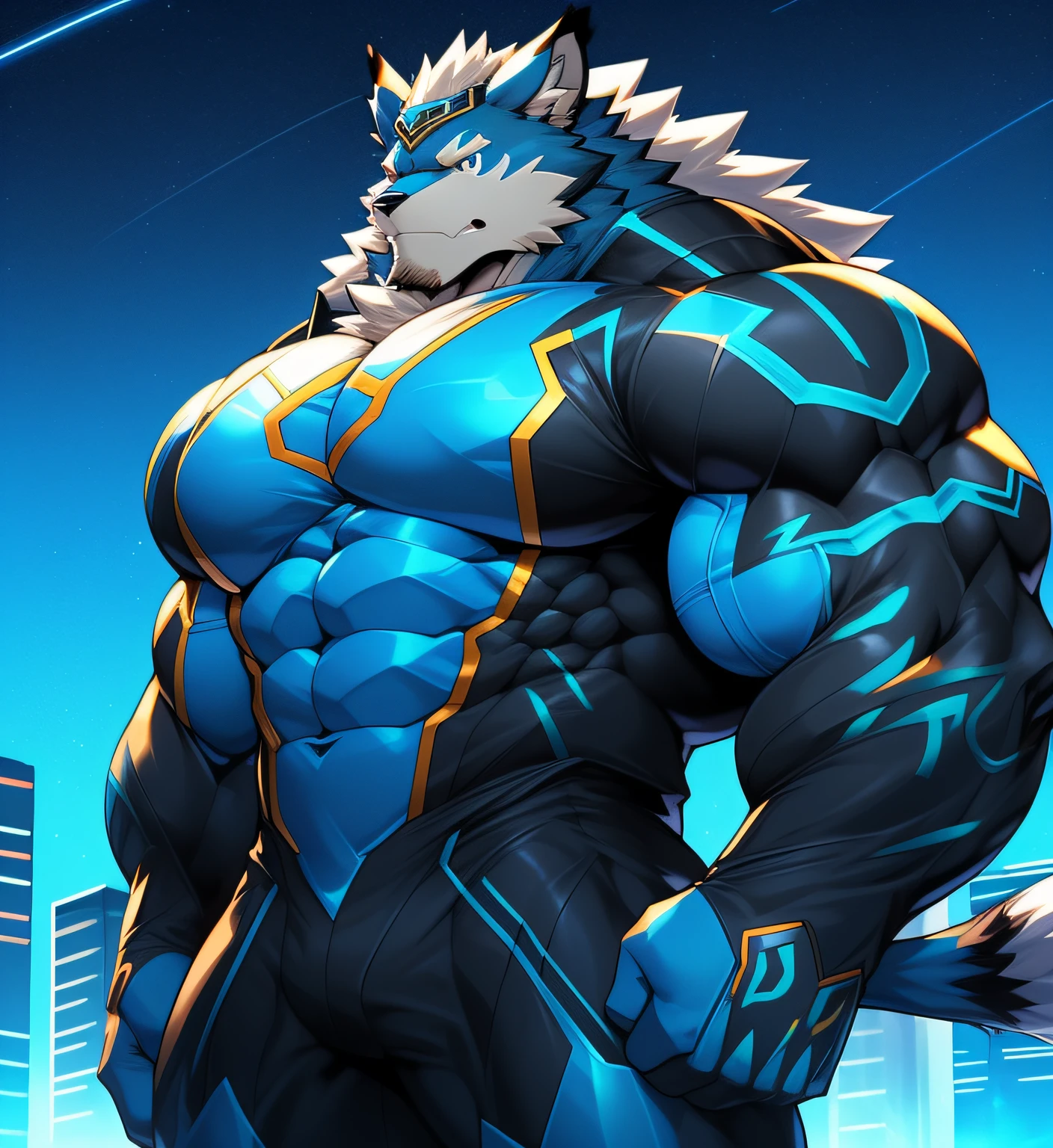 City background, skyscraper, futuristic city, night, stars, night lights, Leomon Gigachad, super hero, hero, bodysuit, massive muscles, huge pecs, chiseled abs, huge pectorals, exaggeratedly huge muscles. A furry hero whose presence inspires trust and respect. (((His hero costume is black and sky-blue.)))