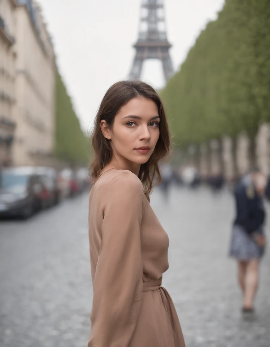 Une femme debout dans la rue en France, tour Eiffel, le multiculturalisme;, Sigma 85mm f/1.4 DG HSM Art, Spanish School, Naked Honesty,yeux bleus, cheveux noirs