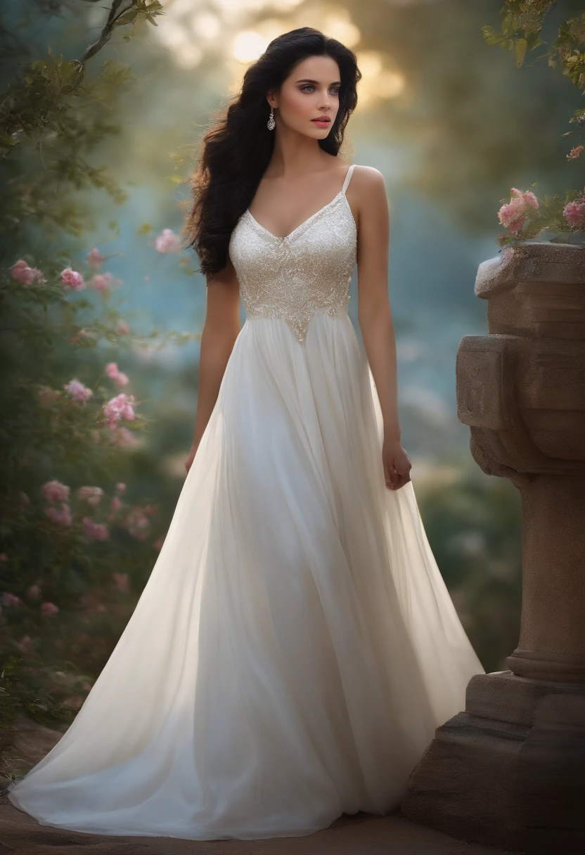 A beautiful and beautiful young princess with black hair with blue eyes, she is wearing her beautiful long white dress