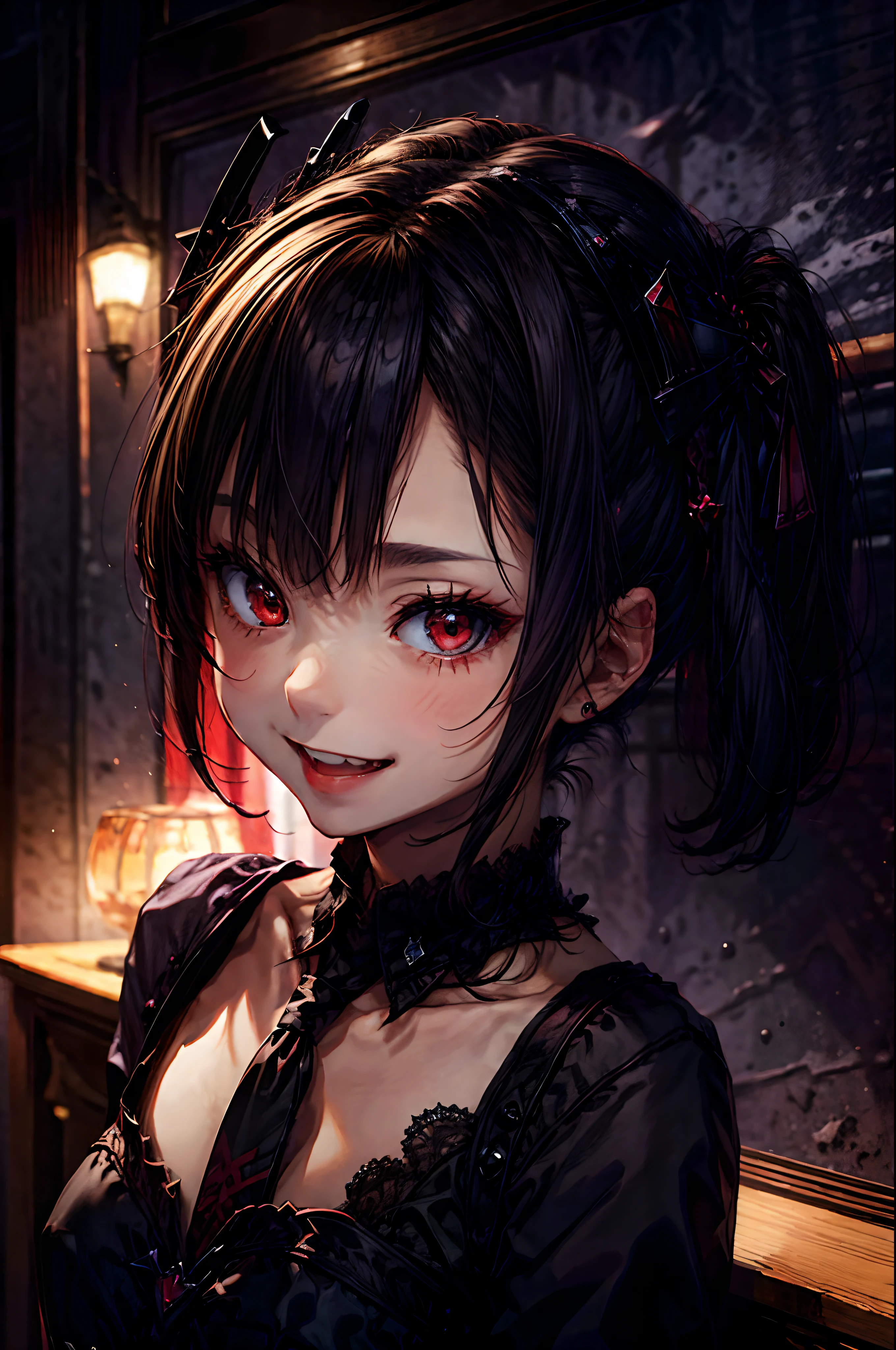 masterpiece,  best quality,  vampire queen,  fang, grin, adult woman,  (portrait:0.8),