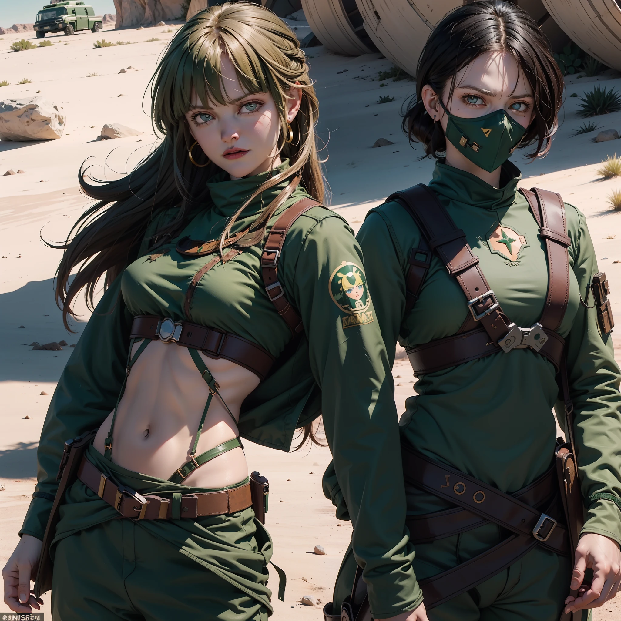 a woman poses in a desert area, time traveling bloodthirsty gunwoman, muscle girl, green uniform, gorgeous female, a sexy brunette warrior, (anna faris:1.3), cool scars, facial expression (crazed:1.2)