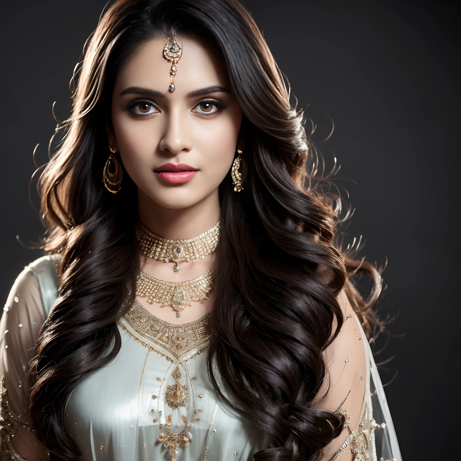 Portrait of A confident-looking indian woman with long flowing hair, hazel eyes, with flowing capes,in Durga puja,standing in ice, perfect composition, hyperrealistic, super detailed, 8k, high quality, trending art, trending on artstation, sharp focus, siberian photo, intricate details, highly detailed, art by greg rutkowski