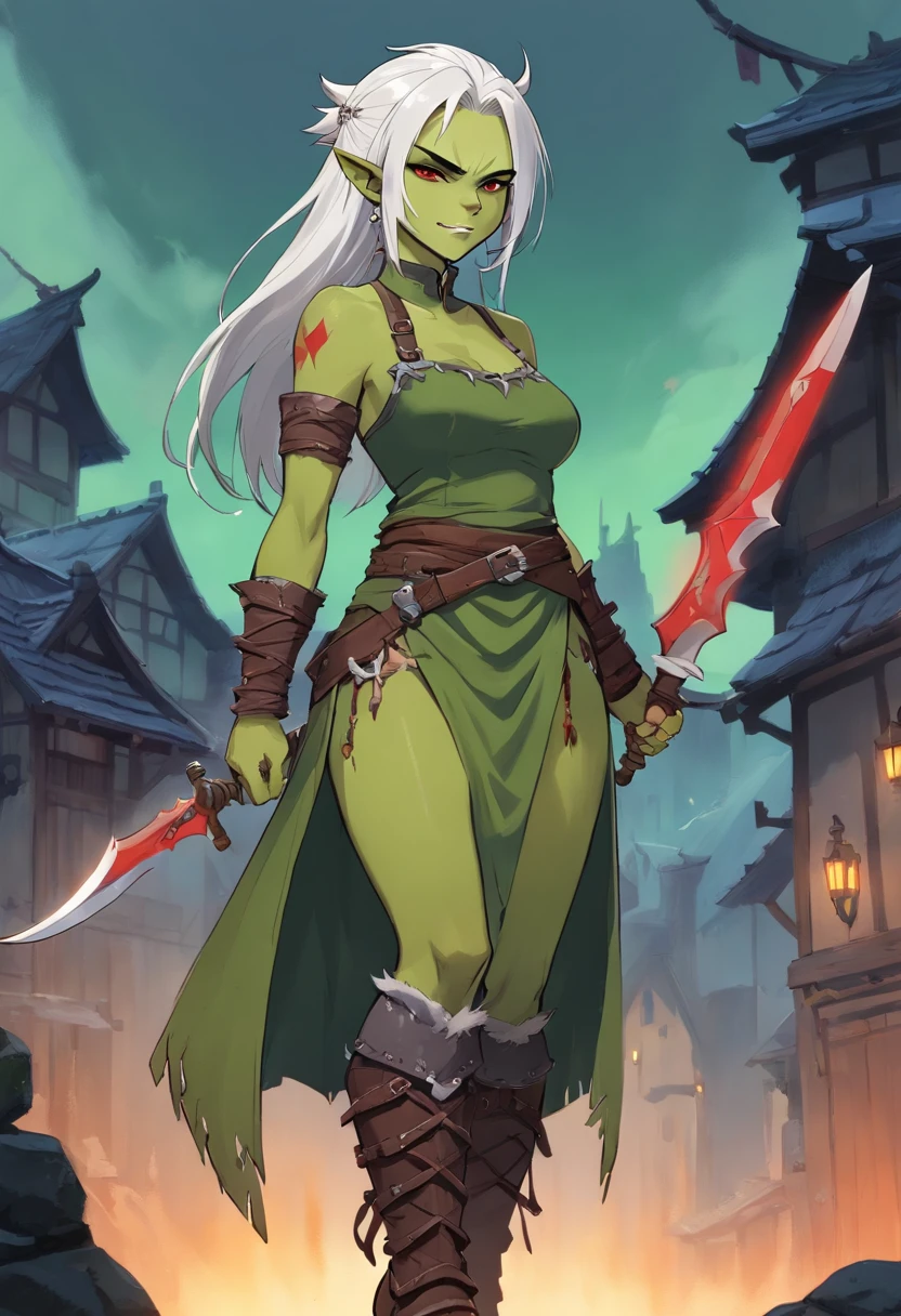 half orc, green skin, female, fantasy look, rpg character, medieval fantasy, white hair, red eyes, 1.90 height, muscolar, half-body shot, scars, ((mohawk hairstyle)), black boots, fullbody ((fullbody)), muscolar body, blacksmith apron, ((black fantasy outfits)), ((deep green skin)), fangs, ((open mouth fangs)), ((high quality)), ((mature half-orc)), ((half-age))