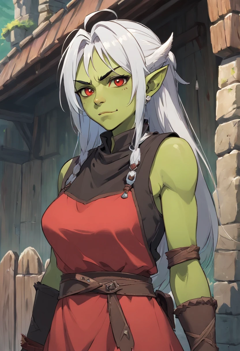 half orc, green skin, female, fantasy look, rpg character, medieval fantasy, white hair, red eyes, 1.90 height, muscolar, half-body shot, scars, ((mohawk hairstyle)), black boots, fullbody ((fullbody)), muscolar body, blacksmith apron, ((black fantasy outfits)), ((deep green skin)), fangs, ((open mouth fangs)), ((high quality)), ((mature half-orc)), ((half-age))