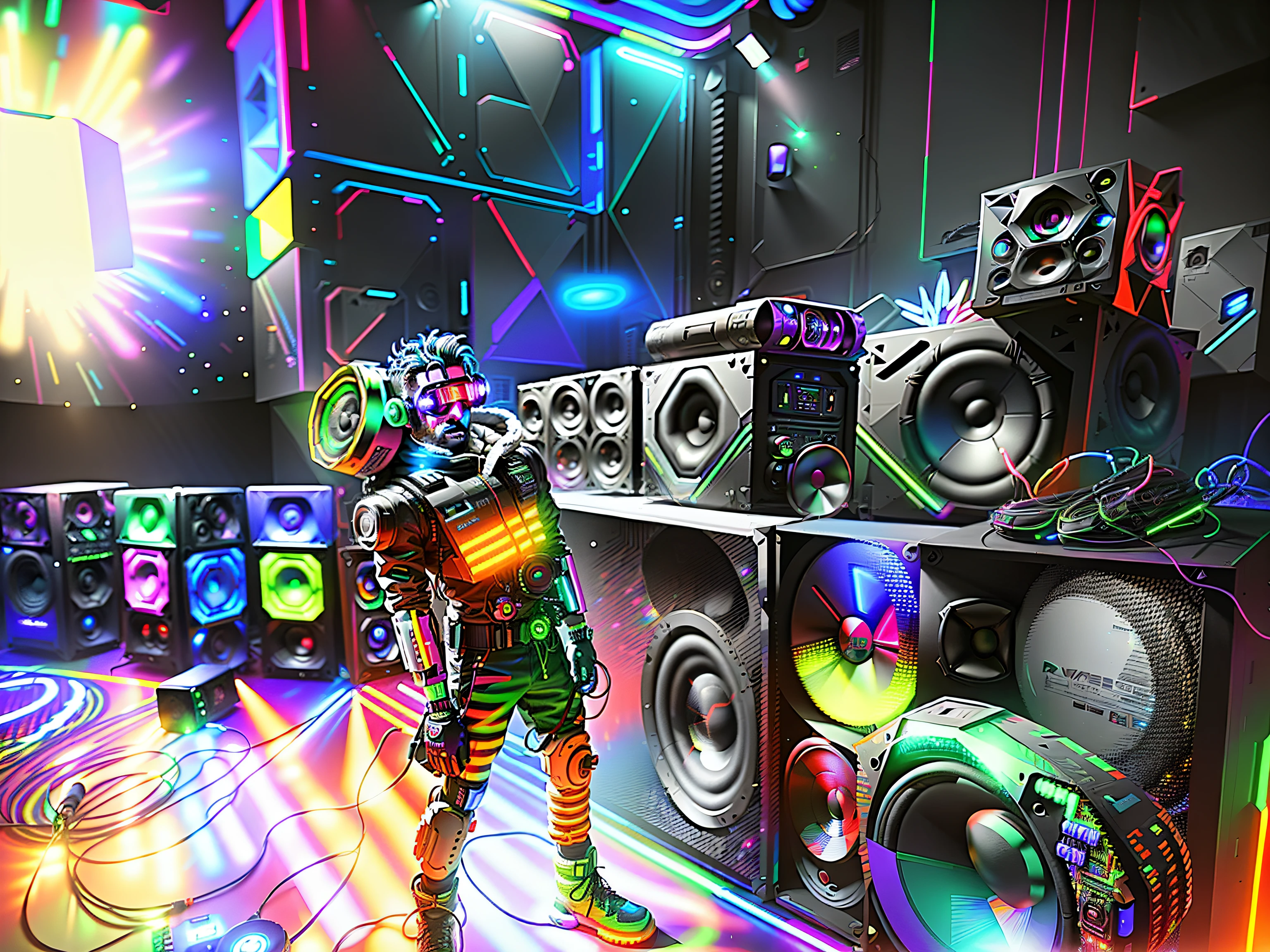 An award winning master piece photo of  a cyborg man with psychedelic colors standing in a festival at night in the rave surrounded by speakers (subwoofer), wearing neon-colored glowing goggles, 8k, (high quality:1.1), (cinematic feeling:1.1), dark deep shadows, incredibly intricate detailing, art , (up close:1.1), from above, looking at viewer, (light sparkles:1.1), (chromatic aberration,:1.2)