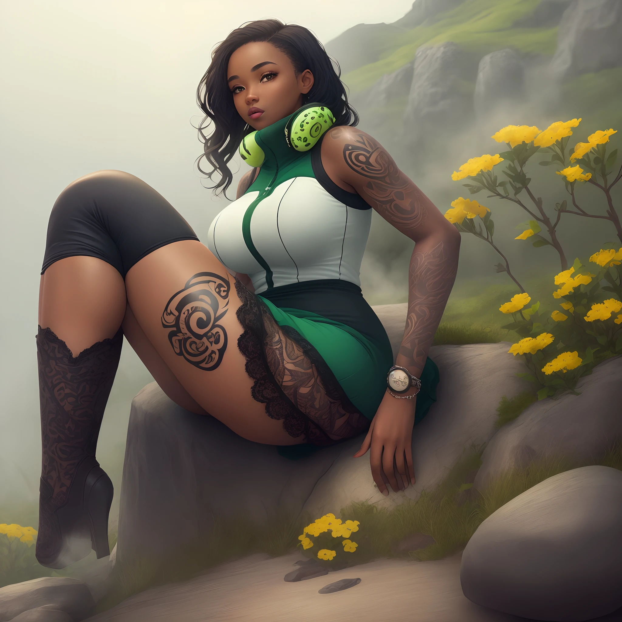 Green: 1.5, Rainbow: 1.1, White: 1.3, Yellow: 1.3, (Dark-skinned woman), is sitting on a rock,Sexy, Tattoos, (power puffer clothes: 1.2), ,Lace Dresses,Flowers, Leaves, Mist, Lines, background circles, thicc