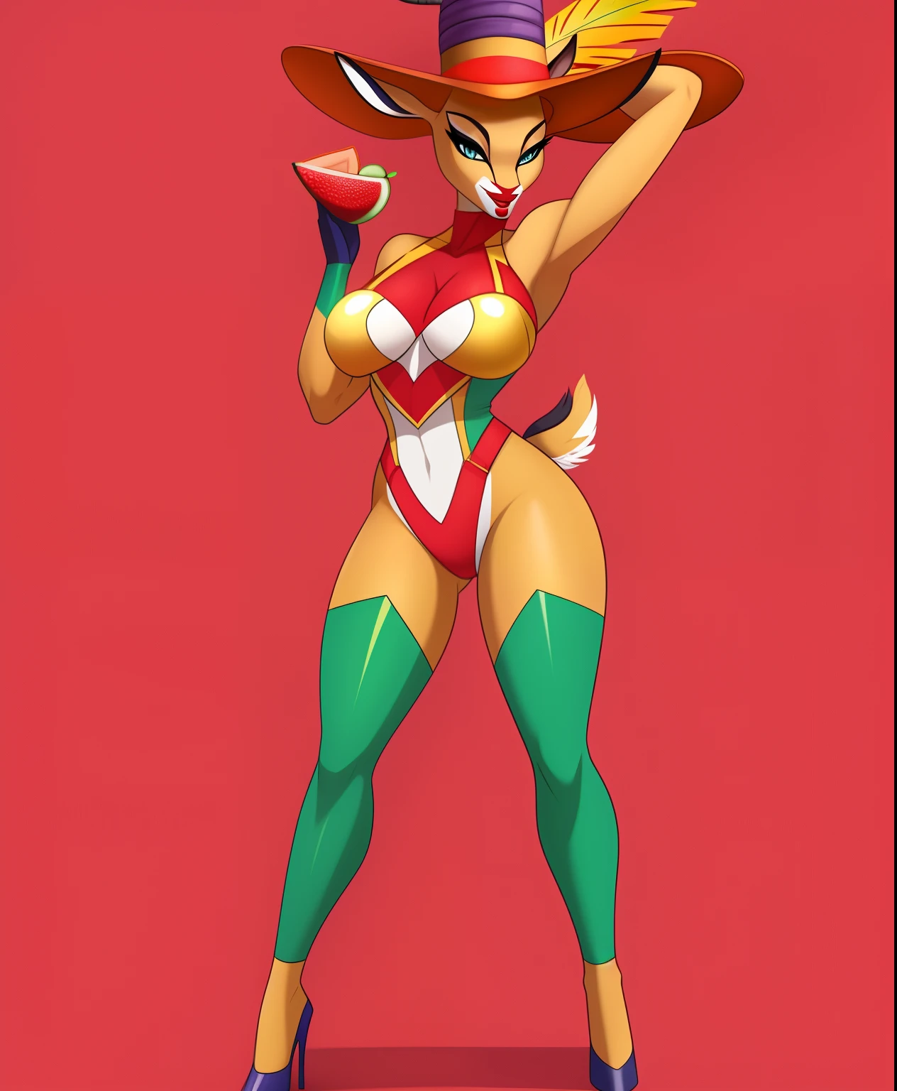 Fruition the female gazelle supervillain, wearing her tropical costume, red lipstick, fruits hat, full body view