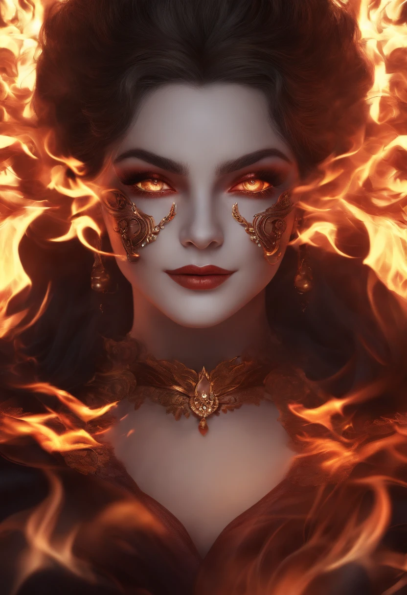 (extremely detailed CG unity 8k wallpaper),(masterpiece), (best quality), (ultra-detailed), (best illustration),(best shadow), (sharp eyeliner, eyeshadow, detailed eyes:1.1), (flames, smoke:1.3), ,BREAK, (vector:1.2), evil smile,
