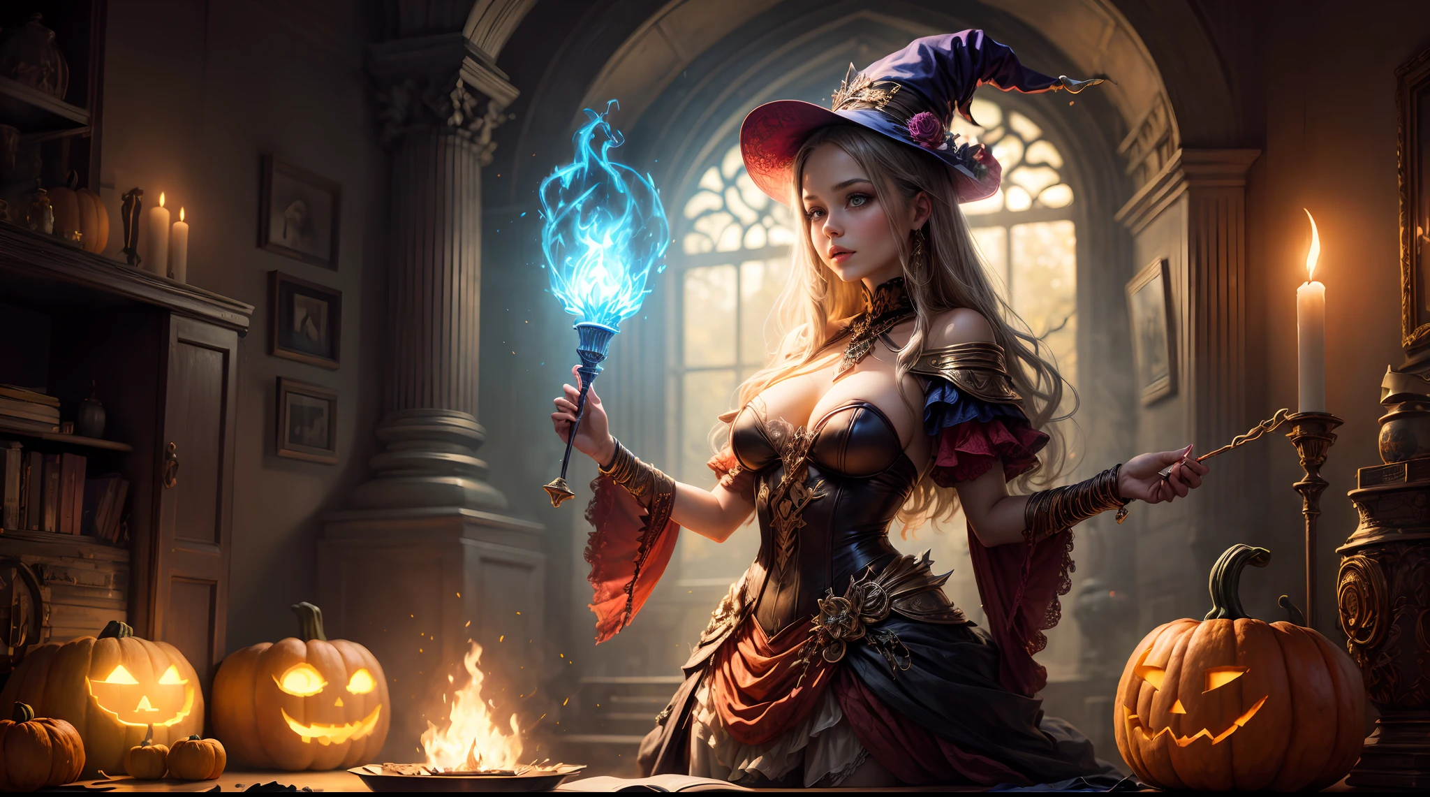 "A whimsical painting of a girl dressed as a sorceress, whimsically conjuring magic with a pumpkin and torch. Fantasy, vibrant colors, artistic, spellbinding, whimsical."