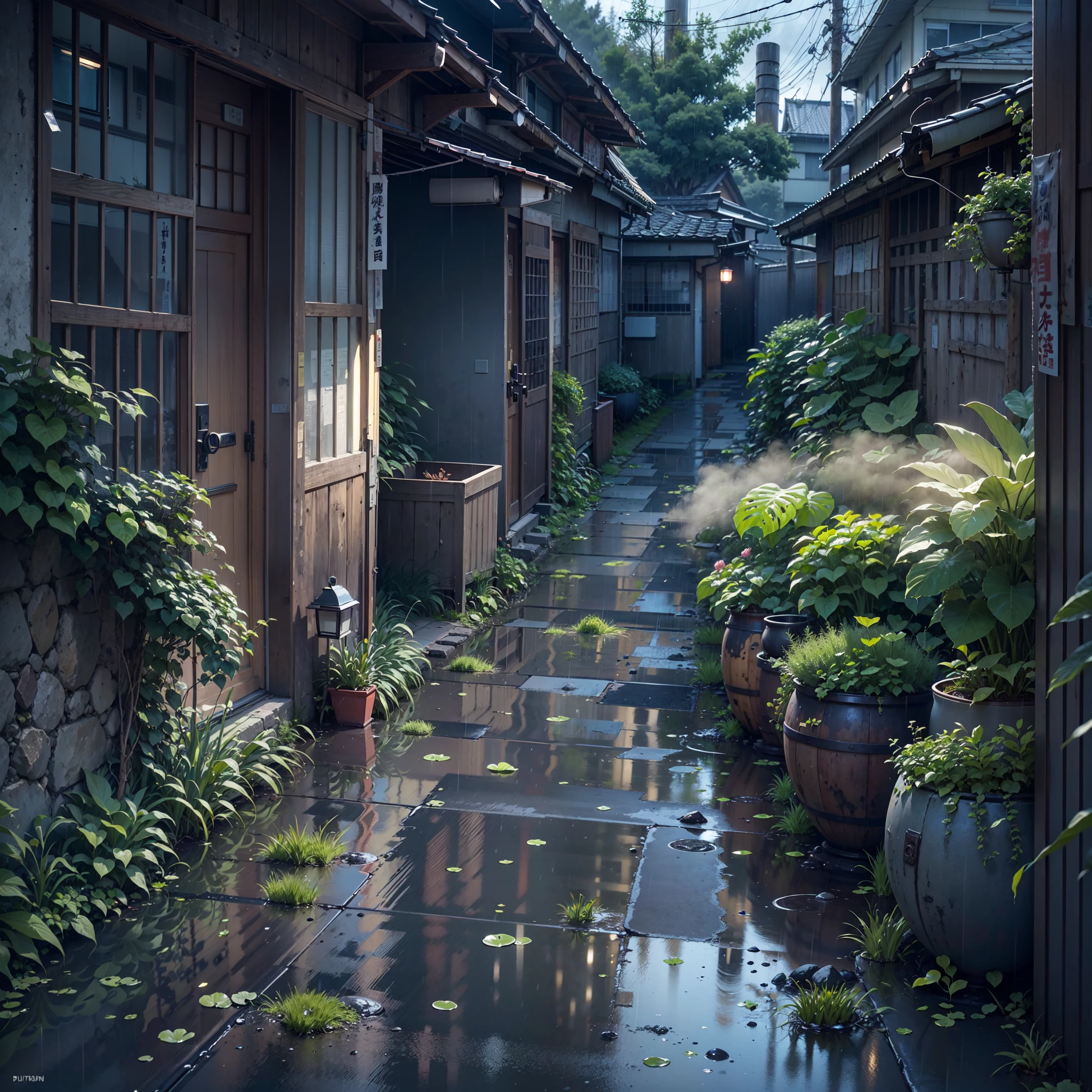 anime background, anime wallpaper, anime, anime style, lofi, lofi style, rural japanese street, village, abandoned houses, traditional japanese lanterns, rain, raining, heavy rain, dramatic weather, puddles on the floor, rain falling from the sky, rain drops, empty street, no one in sight, (no one: 1), best quality, gloomy weather, compact, messy, abandoned, overgrown, plant pots, empty street, rocks scattered across floor, overgrown grass