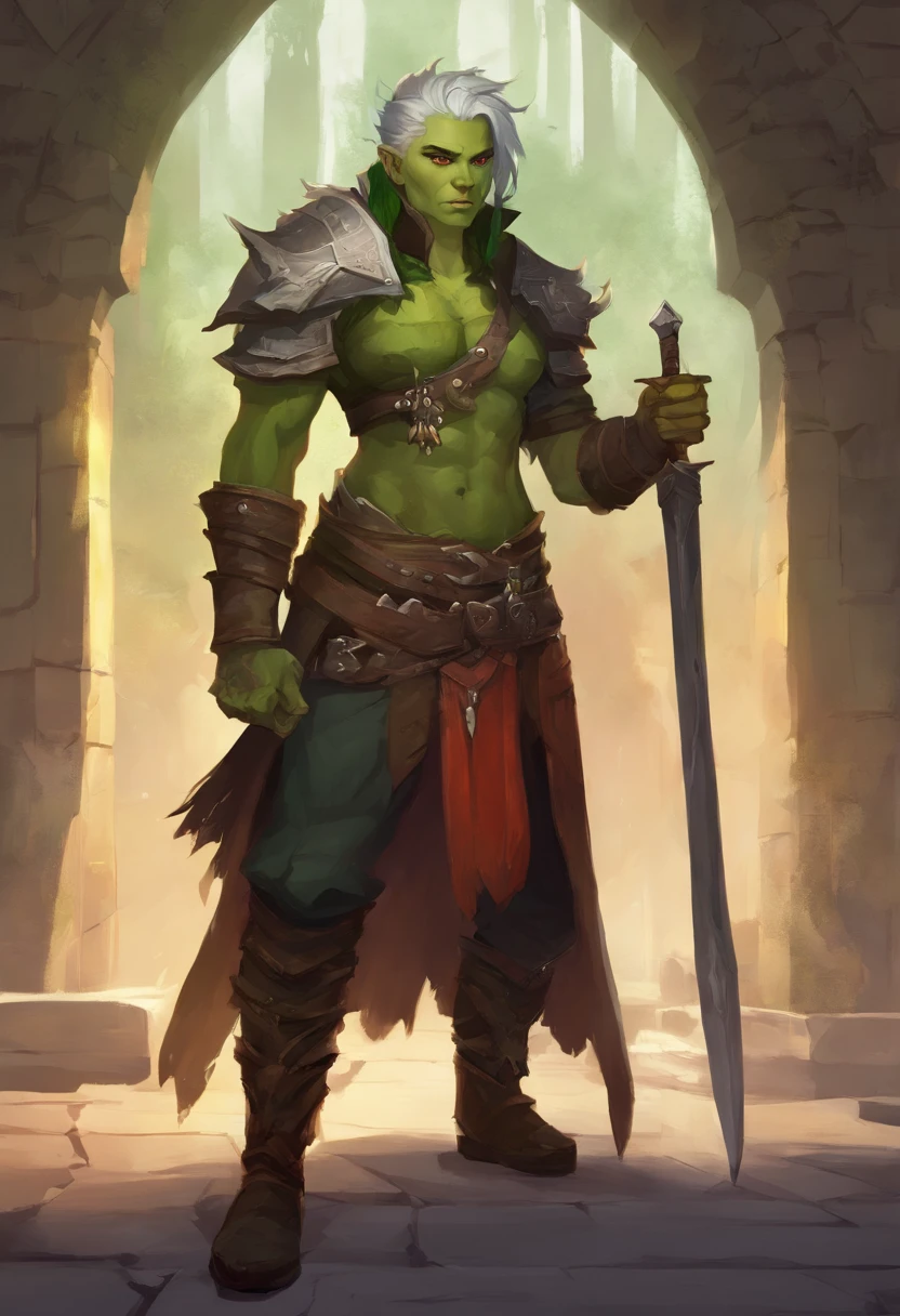 half orc, green skin, female, fantasy look, rpg character, medieval fantasy, white hair, red eyes, 1.90 height, muscolar, half-body shot, scars, ((mohawk hairstyle)), black boots, fullbody ((fullbody)), muscolar body, blacksmith apron, ((black fantasy outfits)), ((deep green skin)), fangs, ((open mouth fangs)), ((high quality)), ((mature half-orc)), ((half-age))