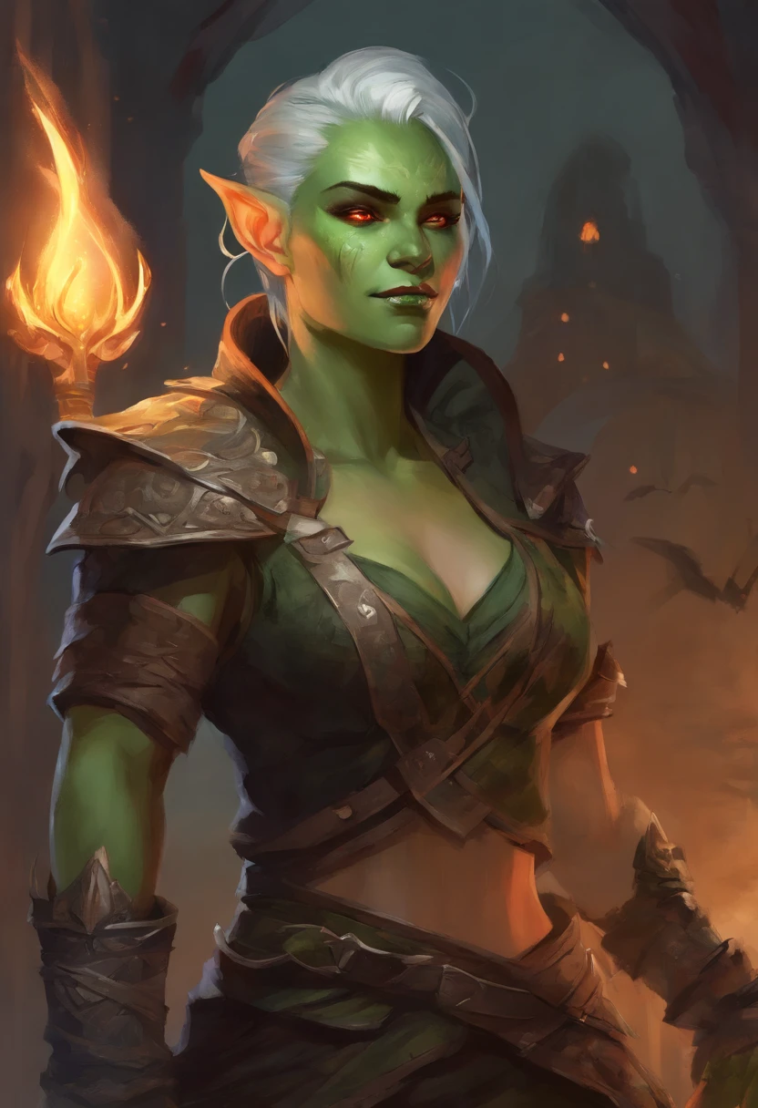 half orc, green skin, female, fantasy look, rpg character, medieval fantasy, white hair, red eyes, 1.90 height, muscolar, half-body shot, scars, ((mohawk hairstyle)), black boots, fullbody ((fullbody)), muscolar body, blacksmith apron, ((black fantasy outfits)), ((deep green skin)), fangs, ((open mouth fangs)), ((high quality)), ((mature half-orc)), ((half-age))