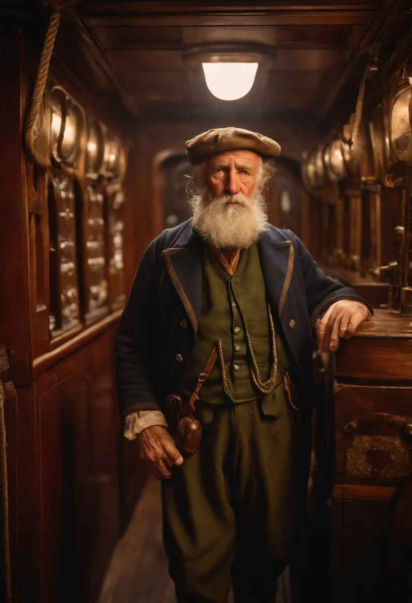 Old British sailor man year 1500 inside a merchant ship with his hands in his pockets demonstrating that they are empty