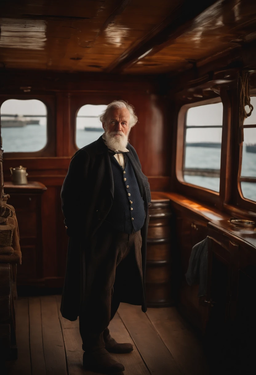 Old British sailor man year 1500 inside a merchant ship with his hands in his pockets demonstrating that they are empty
