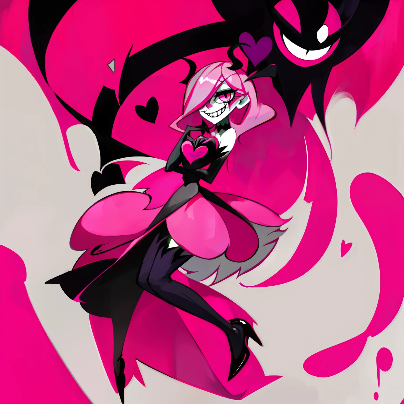 Hazbin Hotel style demon, 1girl, long pink hair, heart eyes, insane smile, full body, cross on her chest