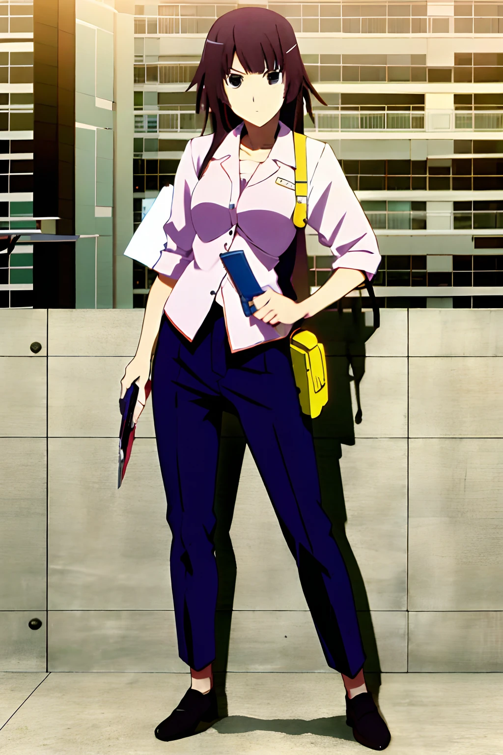 Senjougahara Hitagi holding a stapler, standing beside a wall