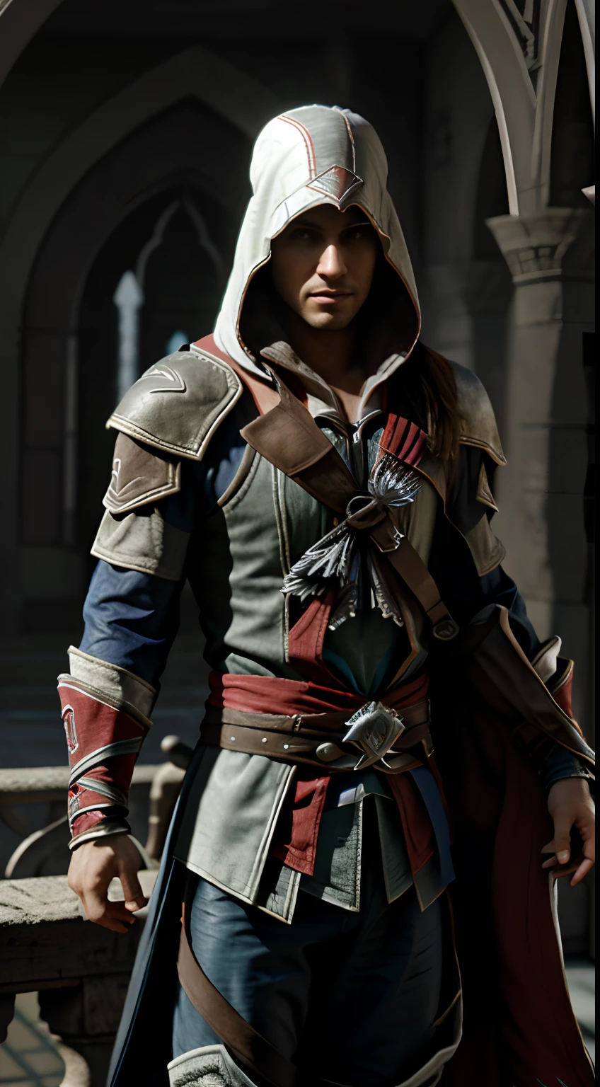 Imagine uma fotografia de ezio auditore, de Assassins Creed, usando um futurista, alta tecnologia, fantasia, Realistic, fotorrealista, 8k, detalhes de alta qualidade, Ezio Audiore, assassins creed 2