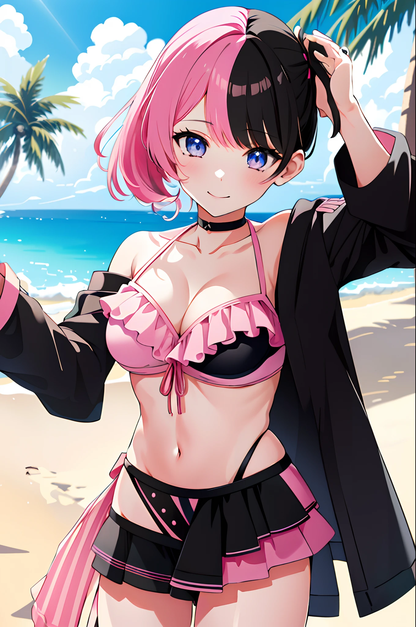 TachibanaHinano, 1girl, solo, medium hair, medium breasts, (split-color hair, black hair, pink hair:1.3), blue eyes, smile, standing, dynamic pose, 8k, masterpiece, best quality, absurdres, perfect anatomy, cinematic lighting, cowboy shot, (beach, palm trees, bikini),