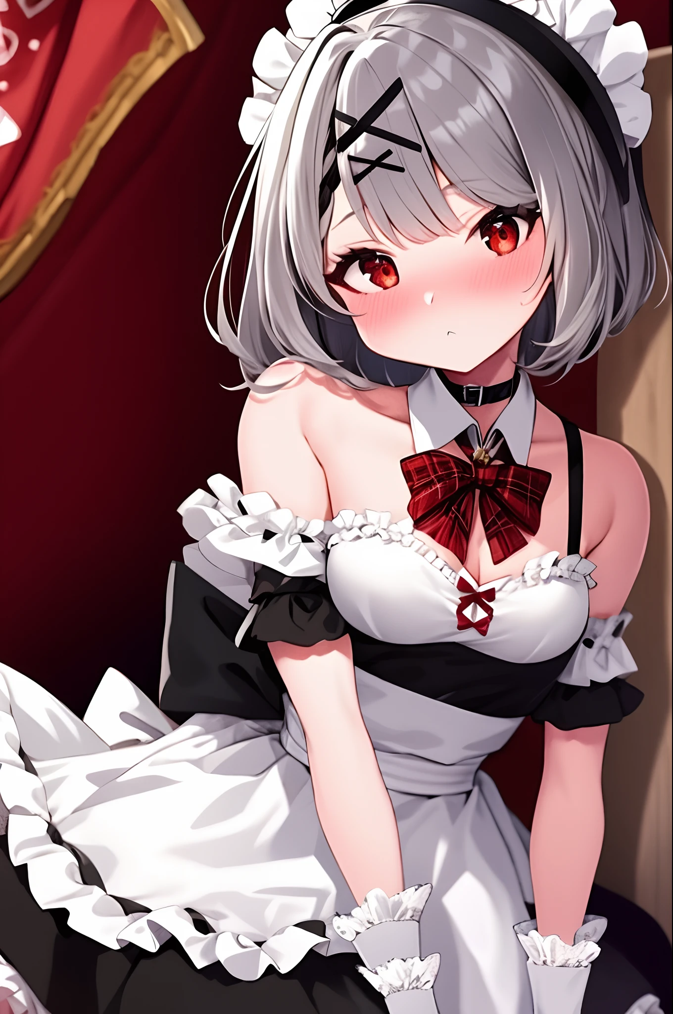 1girl, chloe, solo, gloves, red eyes, x hair ornament, red bow, plaid bow, grey hair, multicolored hair, black streaked hair, bangs, short hair, off shoulder, bare shoulders, medium breasts, white shirt, maid headdress, maid, nose blush, :<